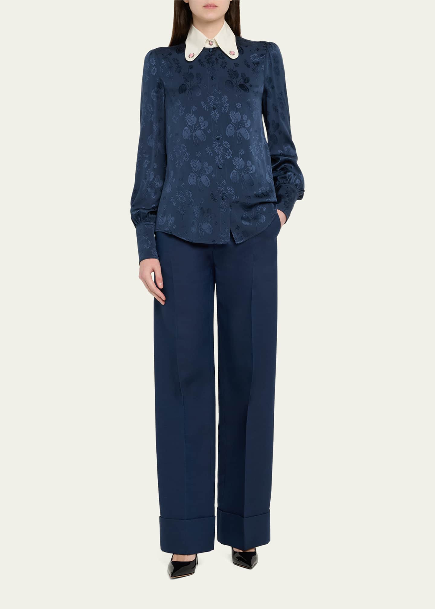 Valentino Garavani Floral Silk Jacquard Round-Collar Button-Down Blouse Image 2 of 5