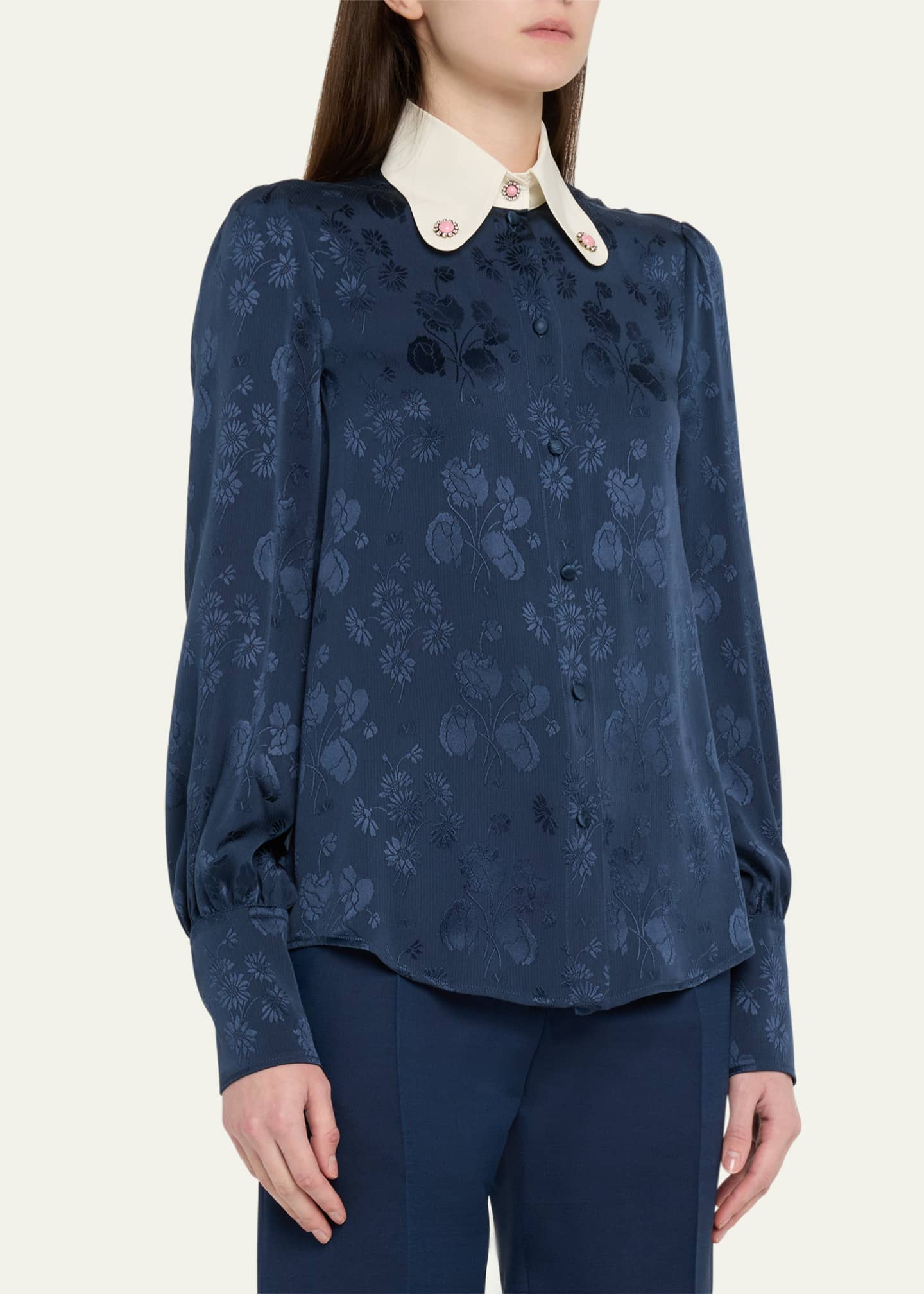 Valentino Garavani Floral Silk Jacquard Round-Collar Button-Down Blouse Image 4 of 5