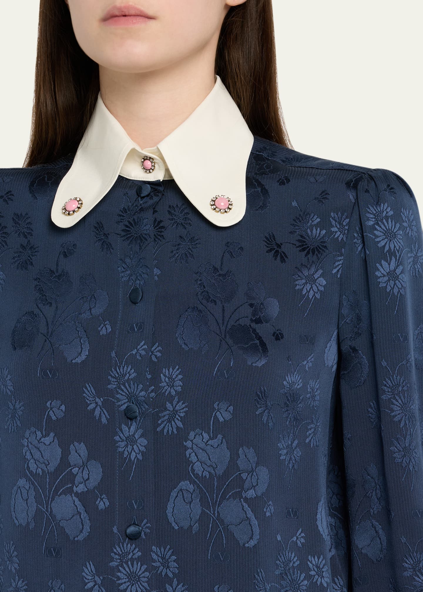 Valentino Garavani Floral Silk Jacquard Round-Collar Button-Down Blouse Image 5 of 5