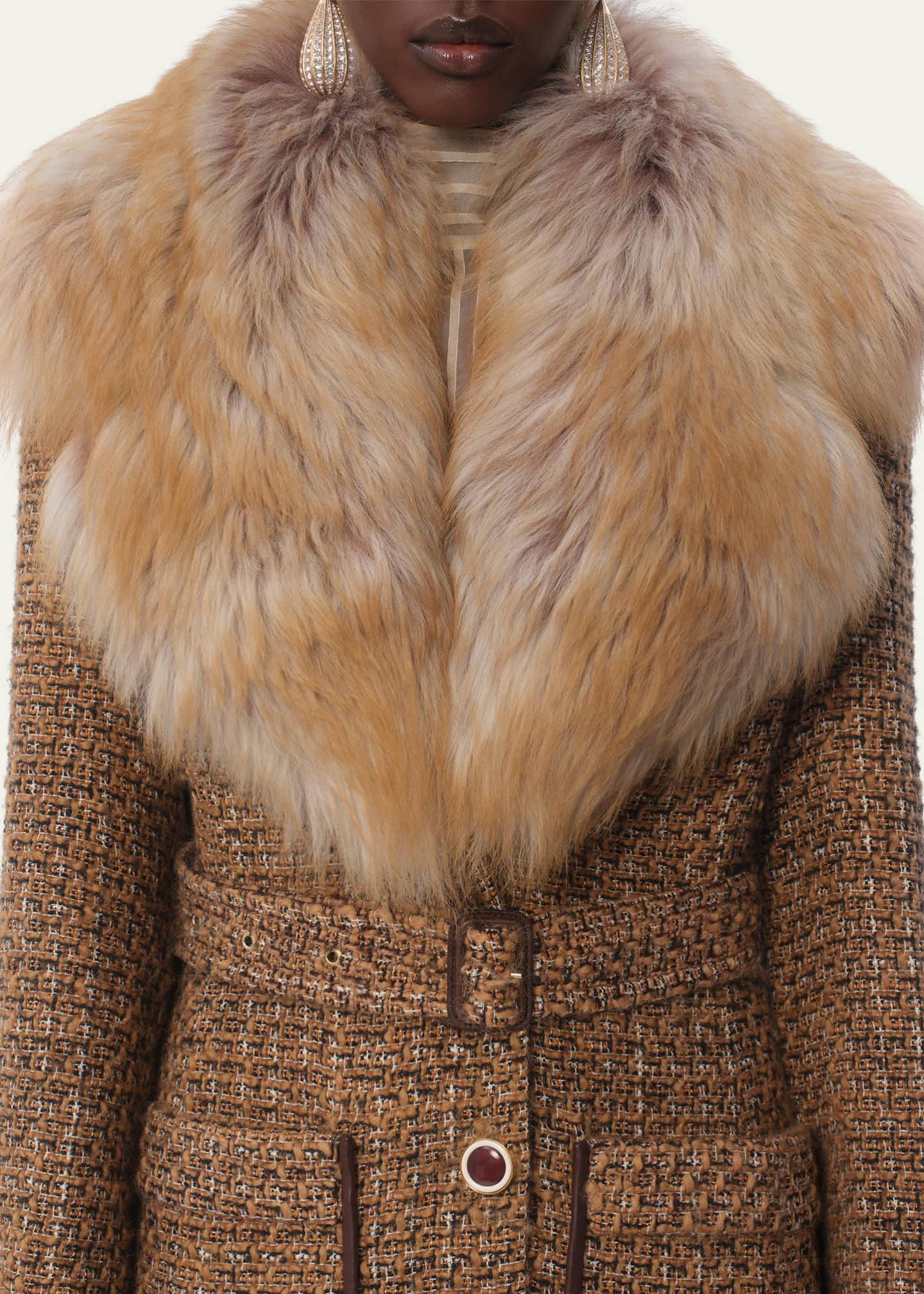 Valentino Faux Fur Trimmed Tweed Belted Coat Brown Multi