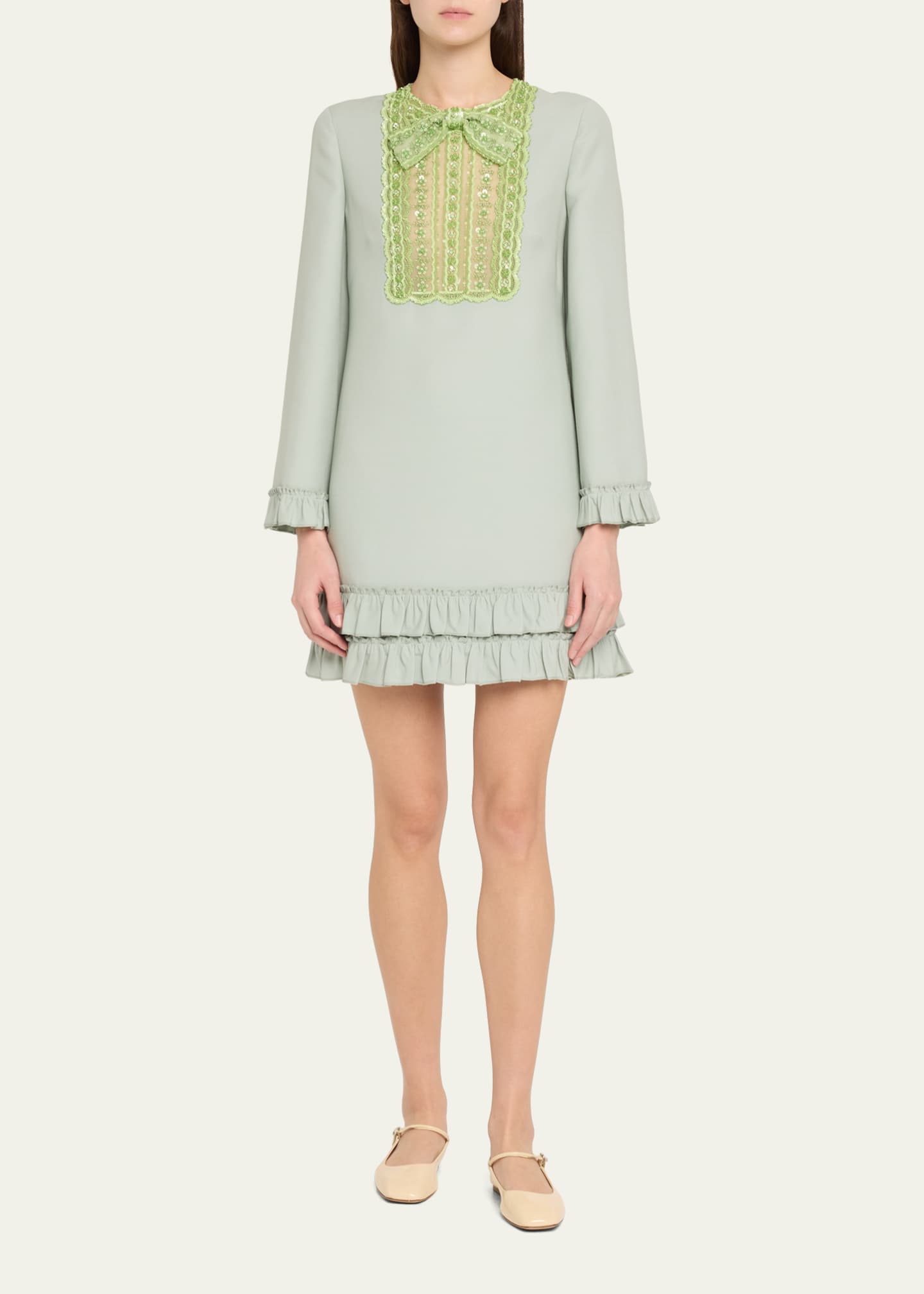 Valentino Garavani Lace Bead Sequined Bow Ruffled Hem Mini Dress Image 2 of 5