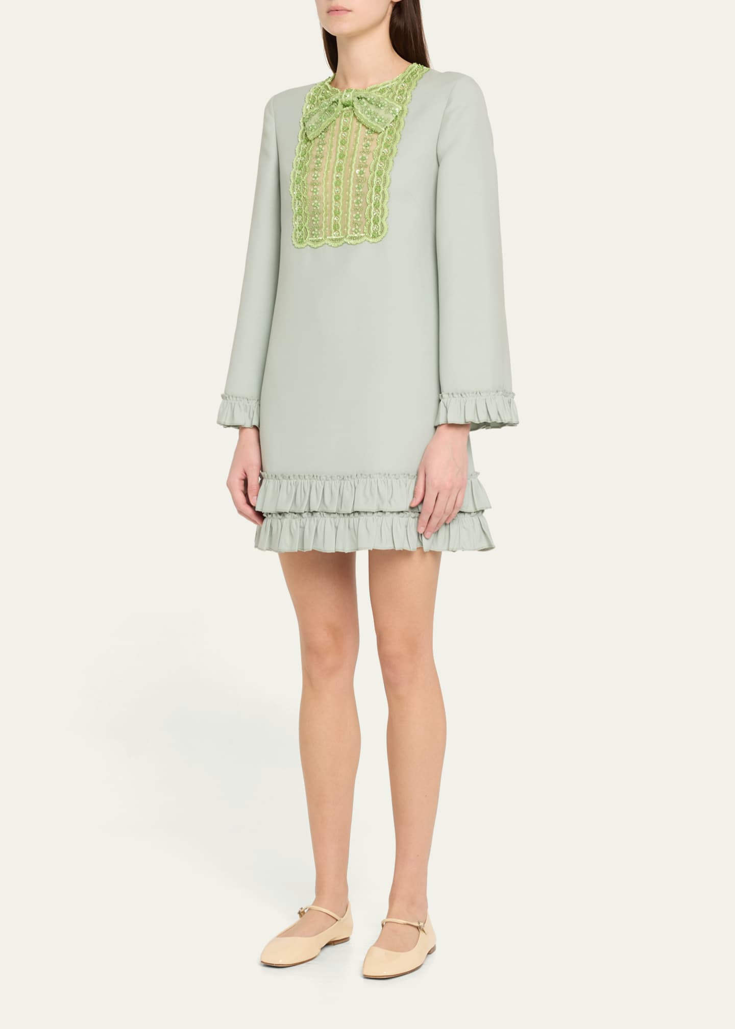 Valentino Garavani Lace Bead Sequined Bow Ruffled Hem Mini Dress Image 4 of 5