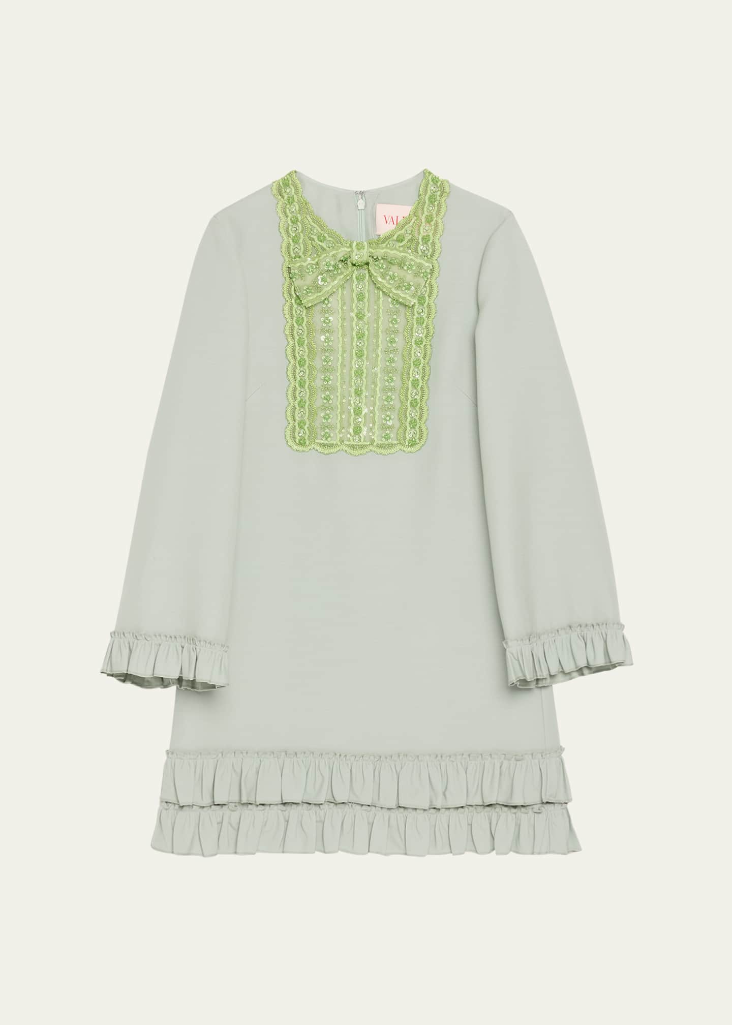 Lace Bead Sequined Bow Ruffled Hem Mini Dress