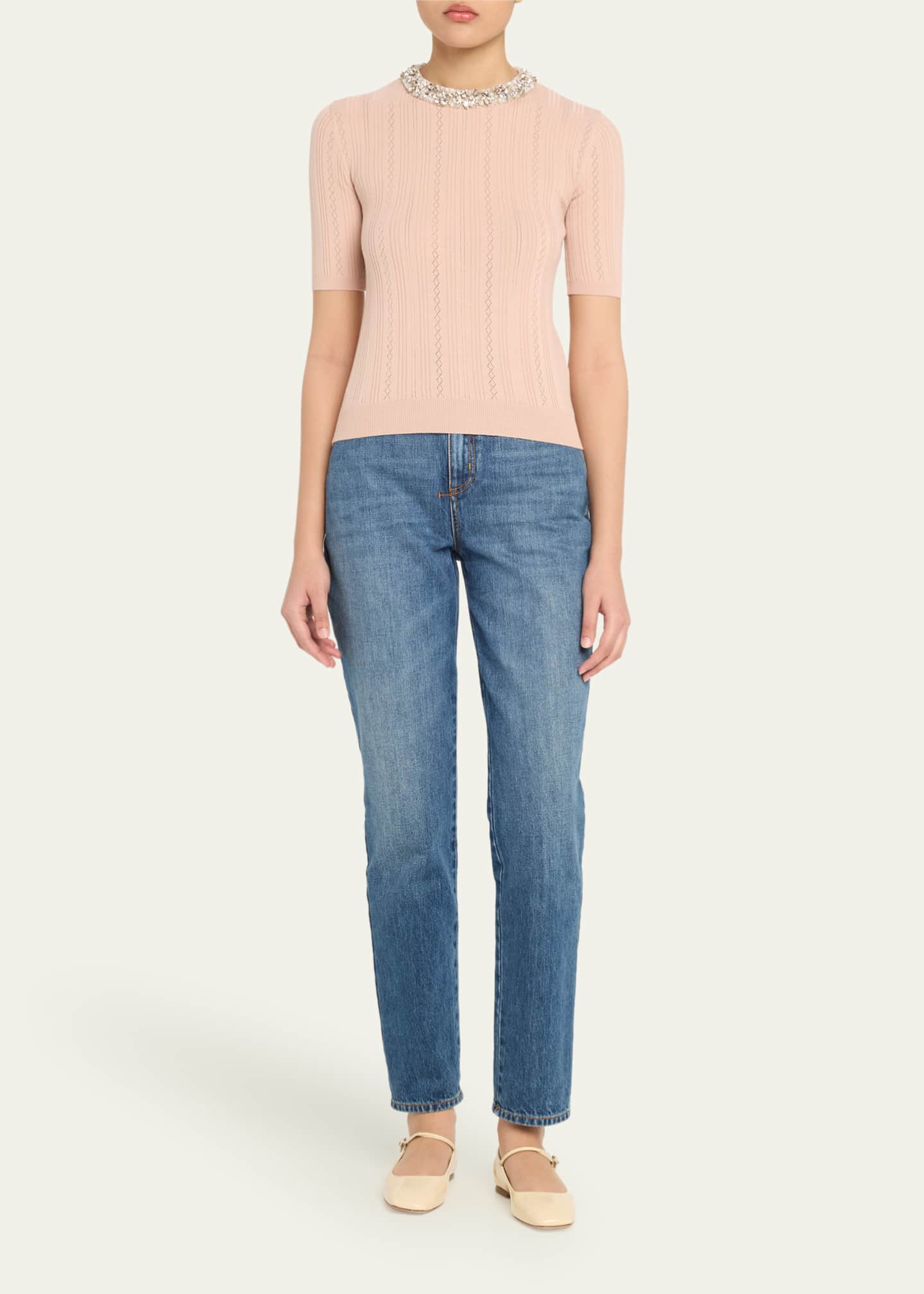 Valentino Garavani Crystal Collar Pointelle Knit Short-Sleeve Sweater Image 2 of 5