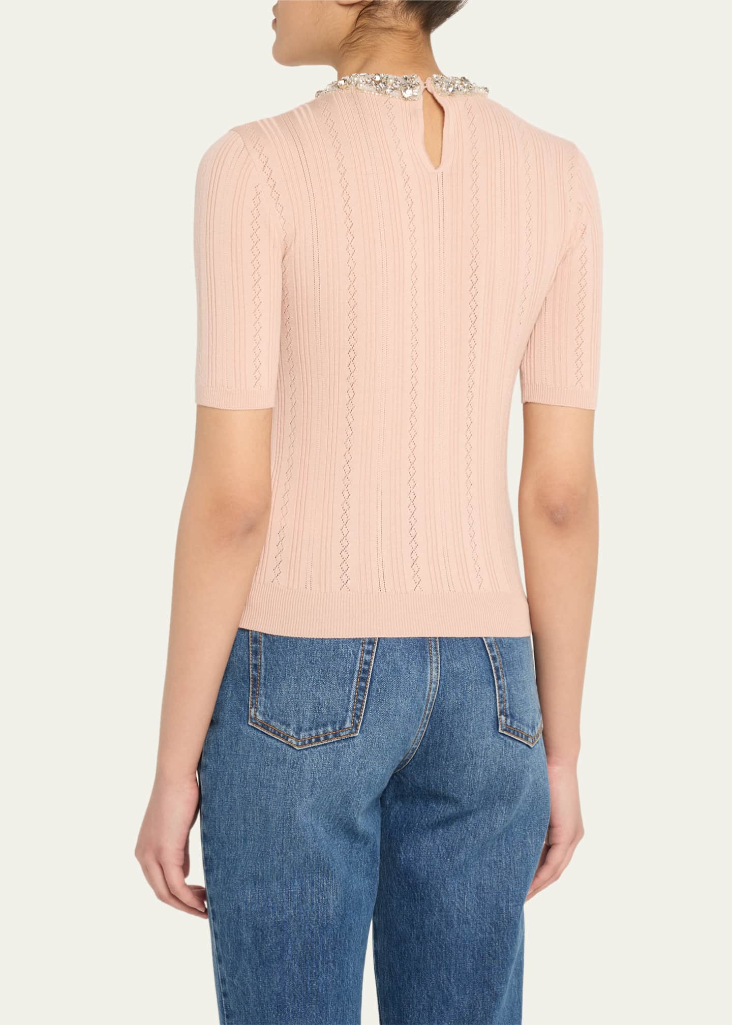 Valentino Garavani Crystal Collar Pointelle Knit Short-Sleeve Sweater Image 3 of 5