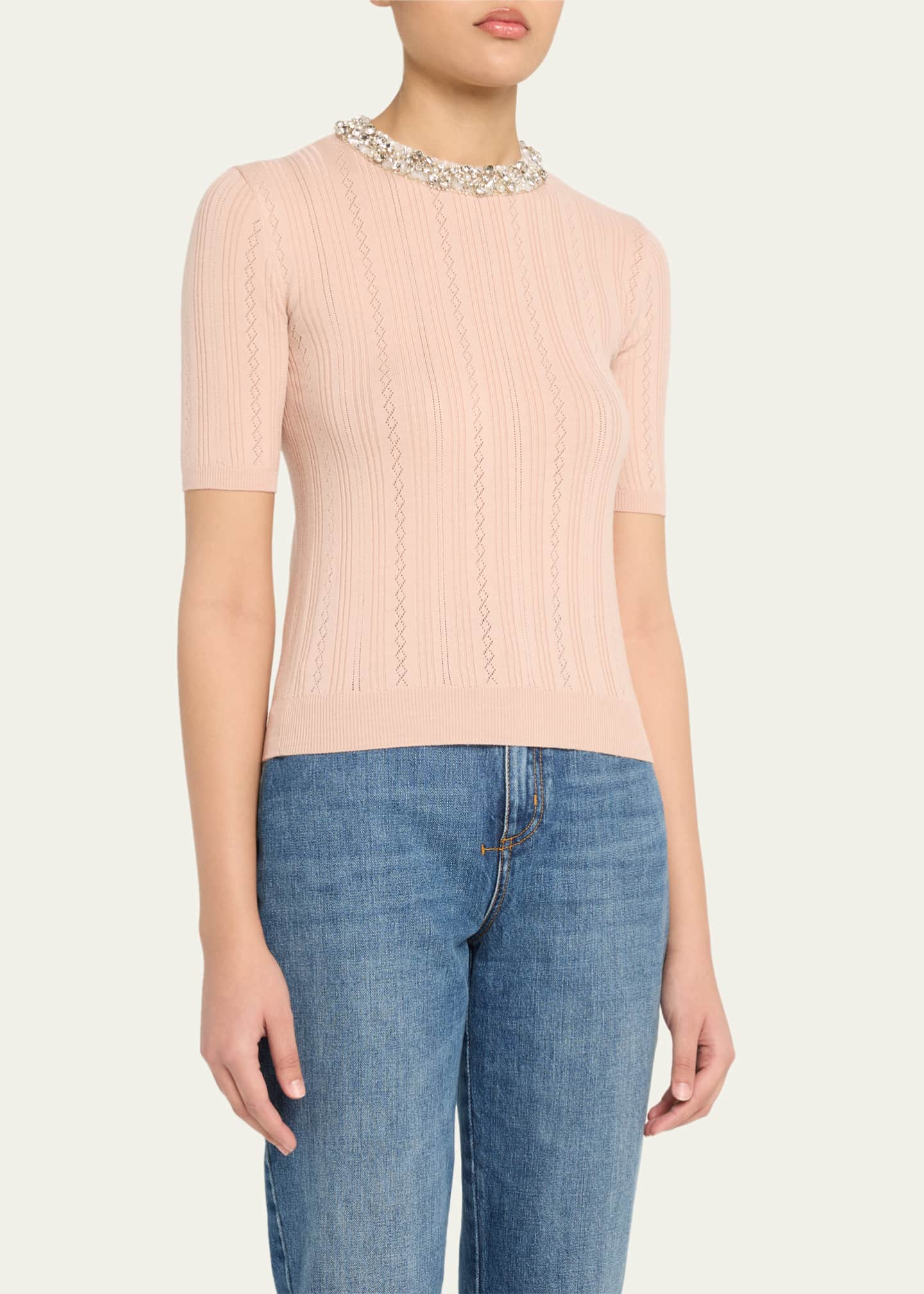 Valentino Garavani Crystal Collar Pointelle Knit Short-Sleeve Sweater Image 4 of 5