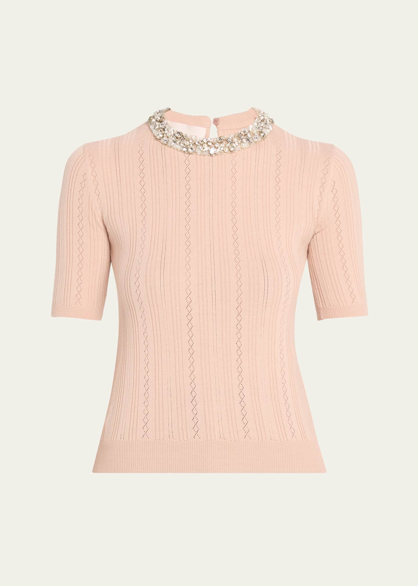 Valentino Garavani Crystal Collar Pointelle Knit Short-Sleeve Sweater Image 1 of 5