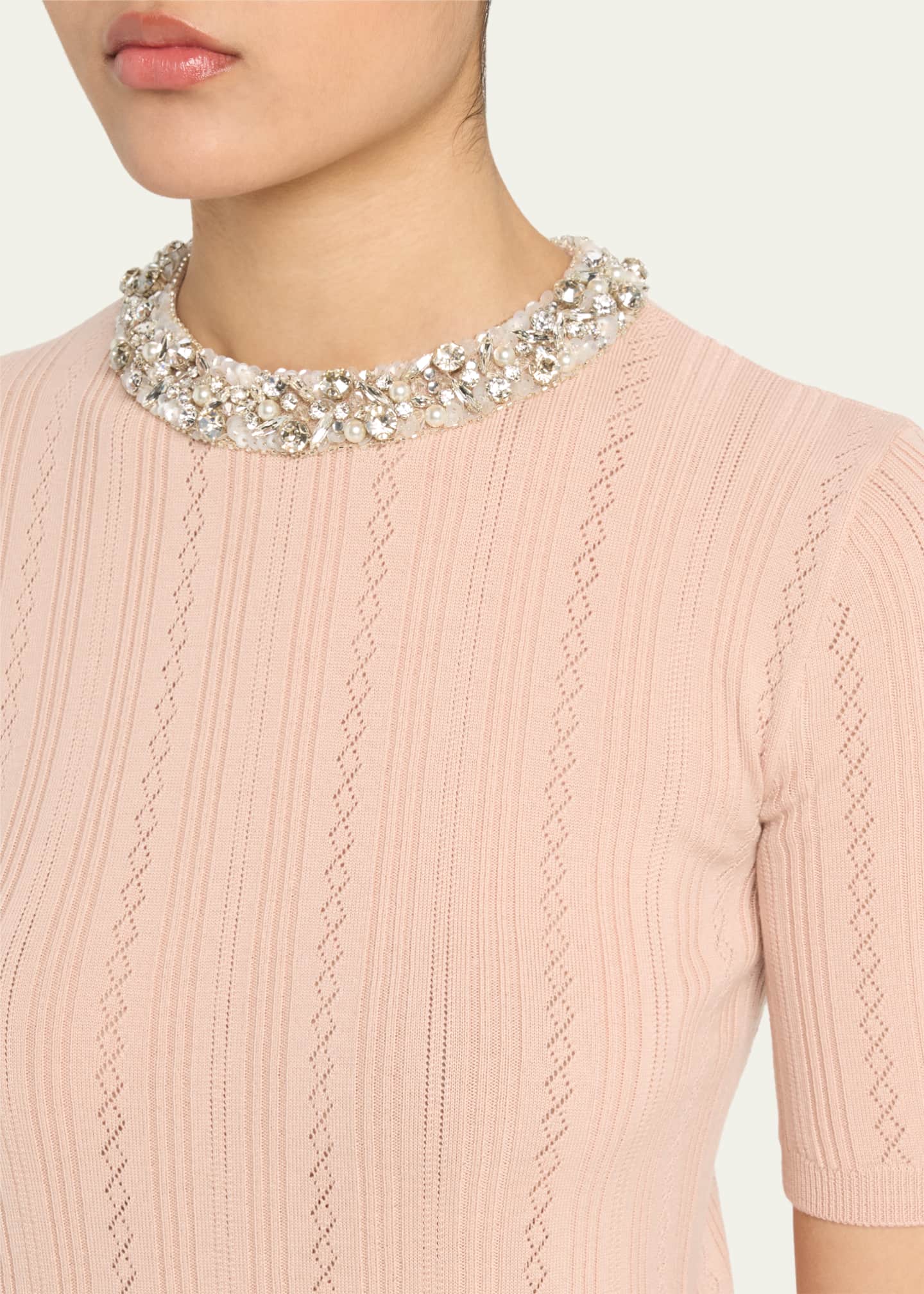 Valentino Garavani Crystal Collar Pointelle Knit Short-Sleeve Sweater Image 5 of 5