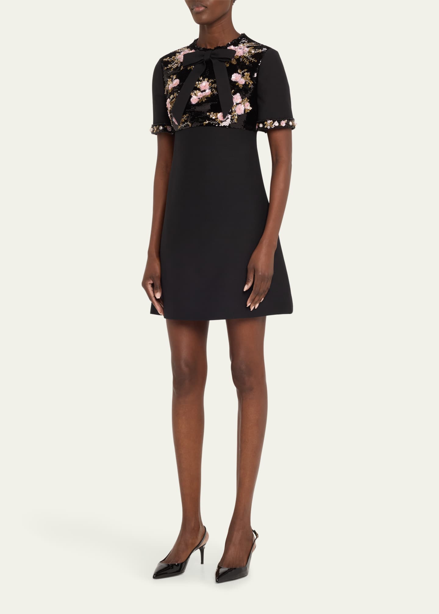 Valentino Garavani Floral Sequined Bow-Neck Mini Dress Image 4 of 5