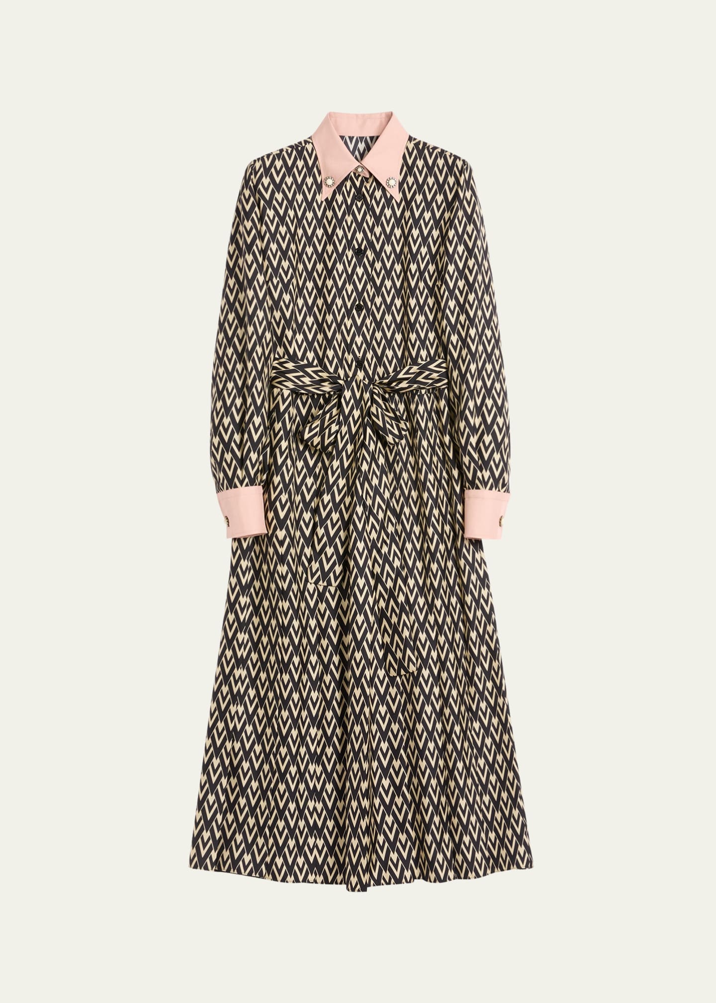 V Print Belted Twill Midi Dress
