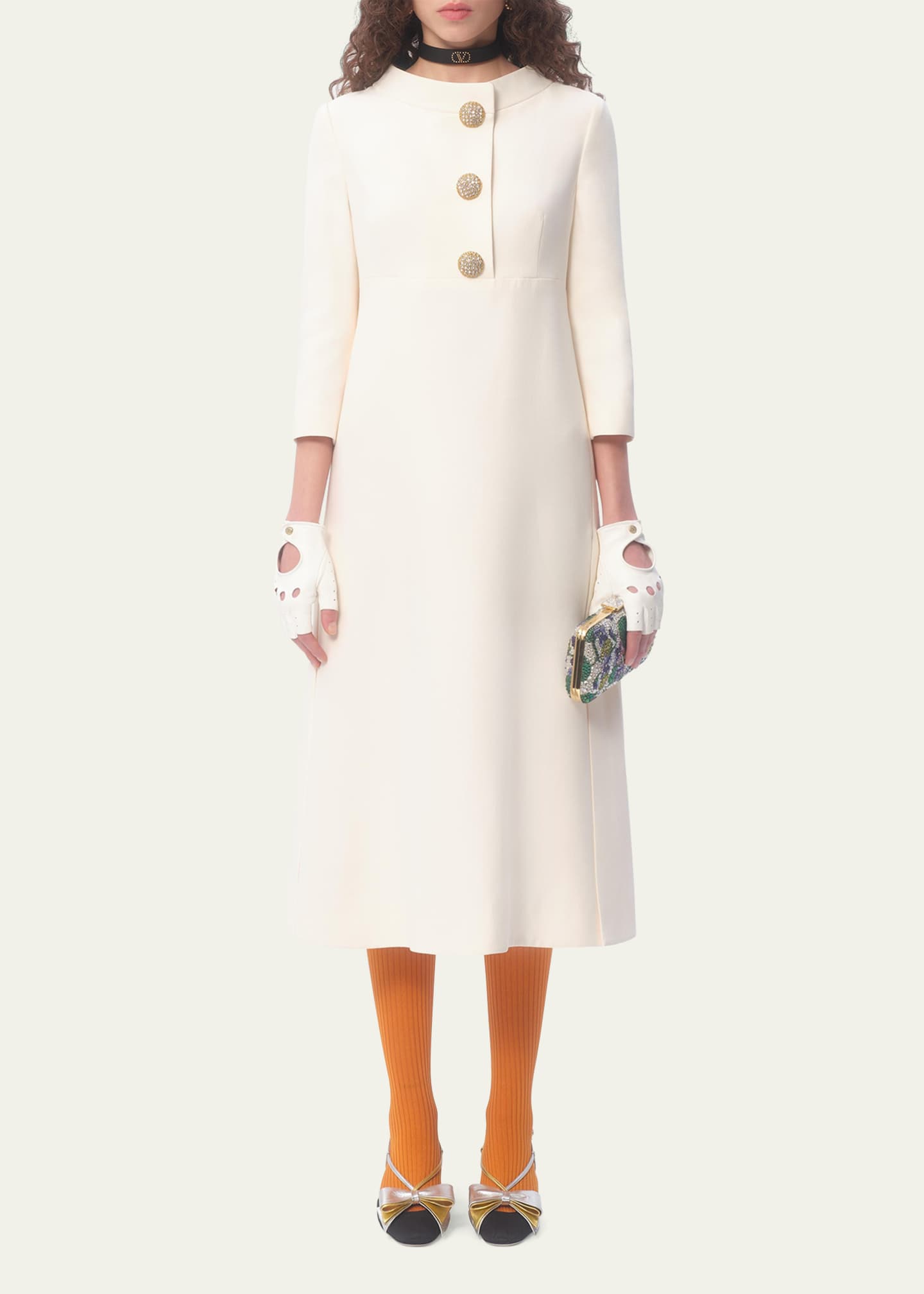 Valentino Garavani Quarter-Sleeve Brooch Wool Midi Dress Image 2 of 4