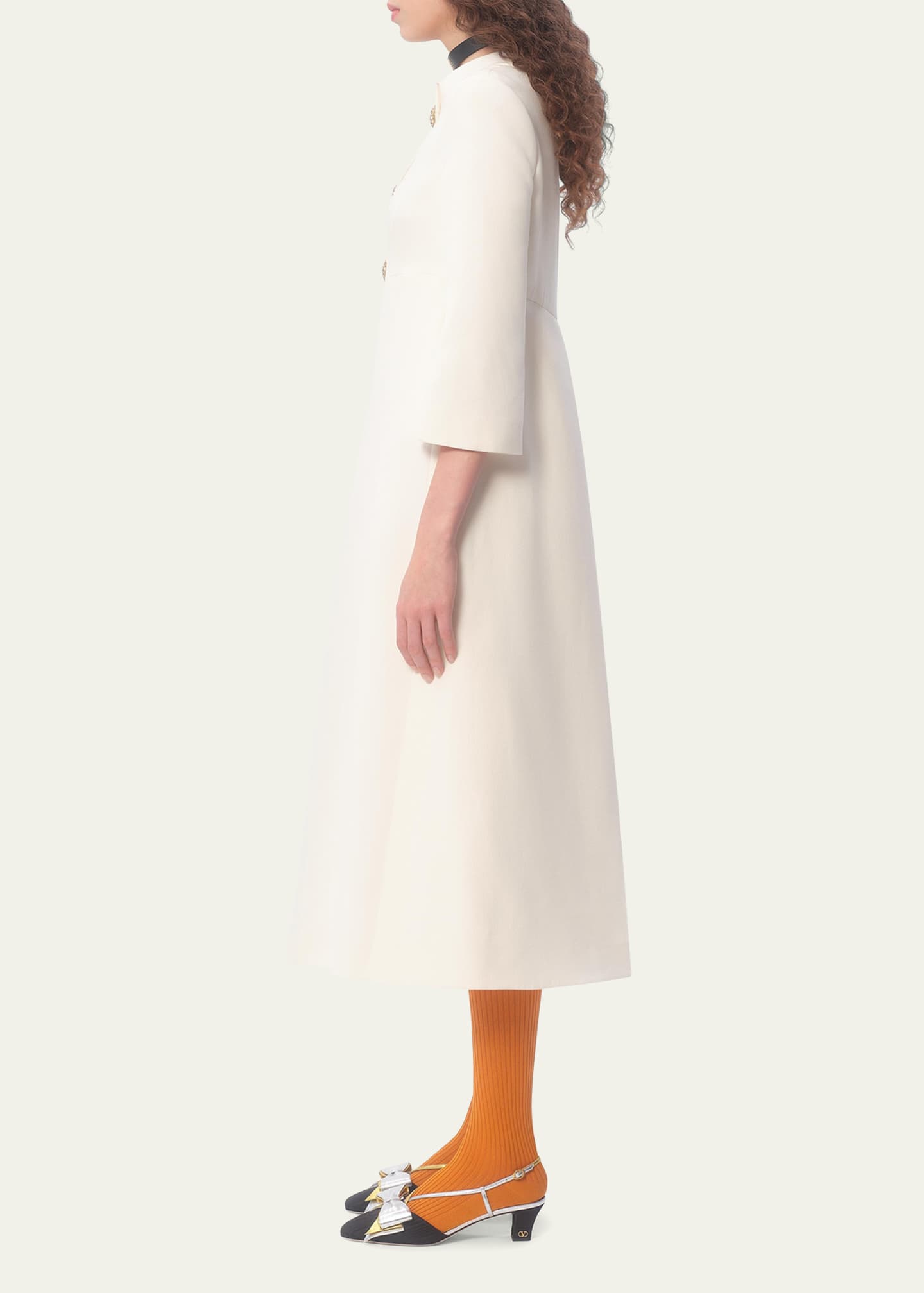 Valentino Garavani Quarter-Sleeve Brooch Wool Midi Dress Image 3 of 4