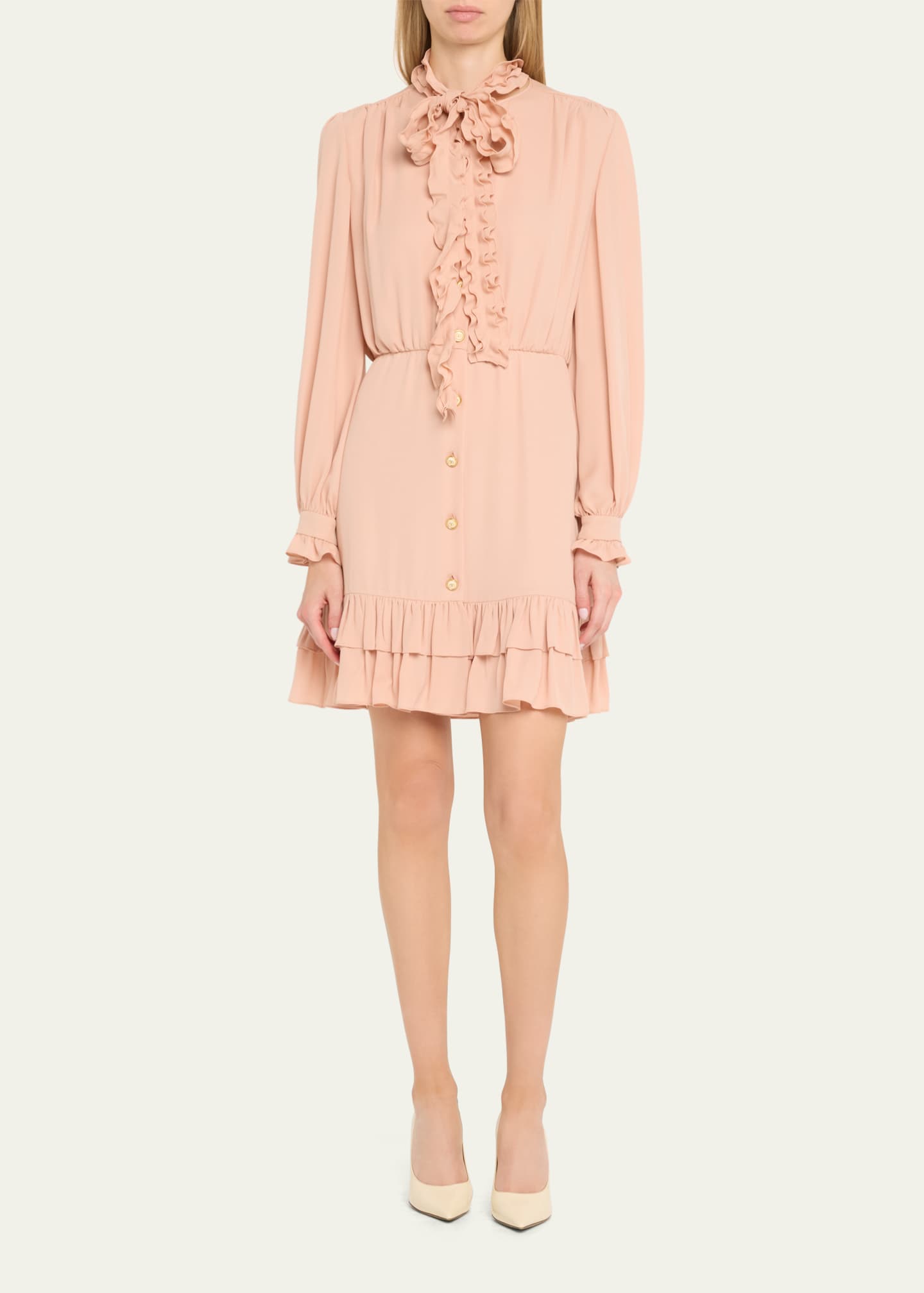 Valentino Garavani Ruffle Tie-Neck Mini Silk Dress Image 2 of 5