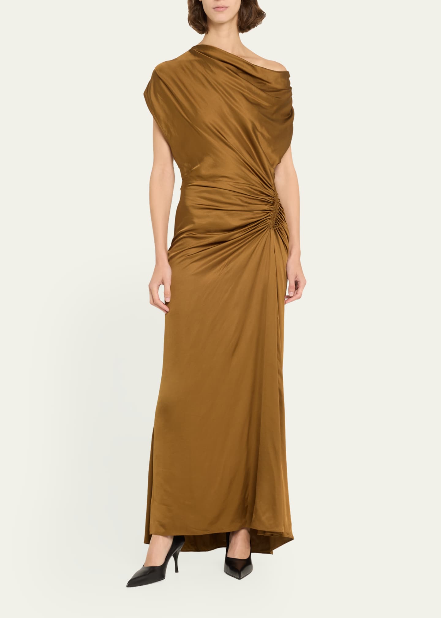 A.L.C. Penny One-Shoulder Ruched Satin Gown Image 2 of 5