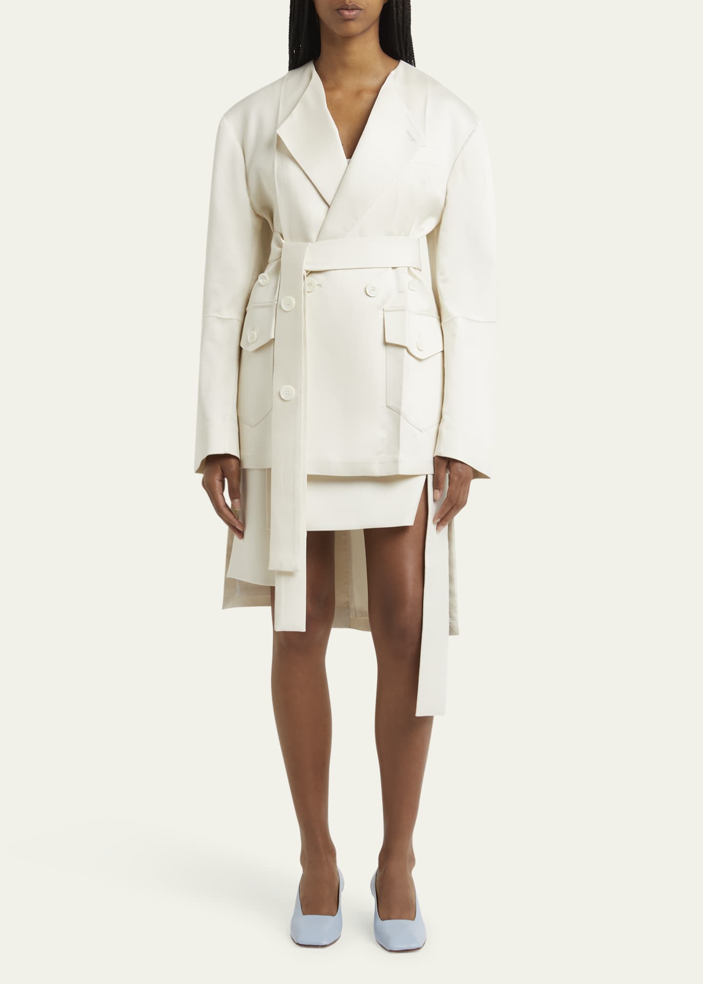 No Collar Origami Belted Wool Jacket