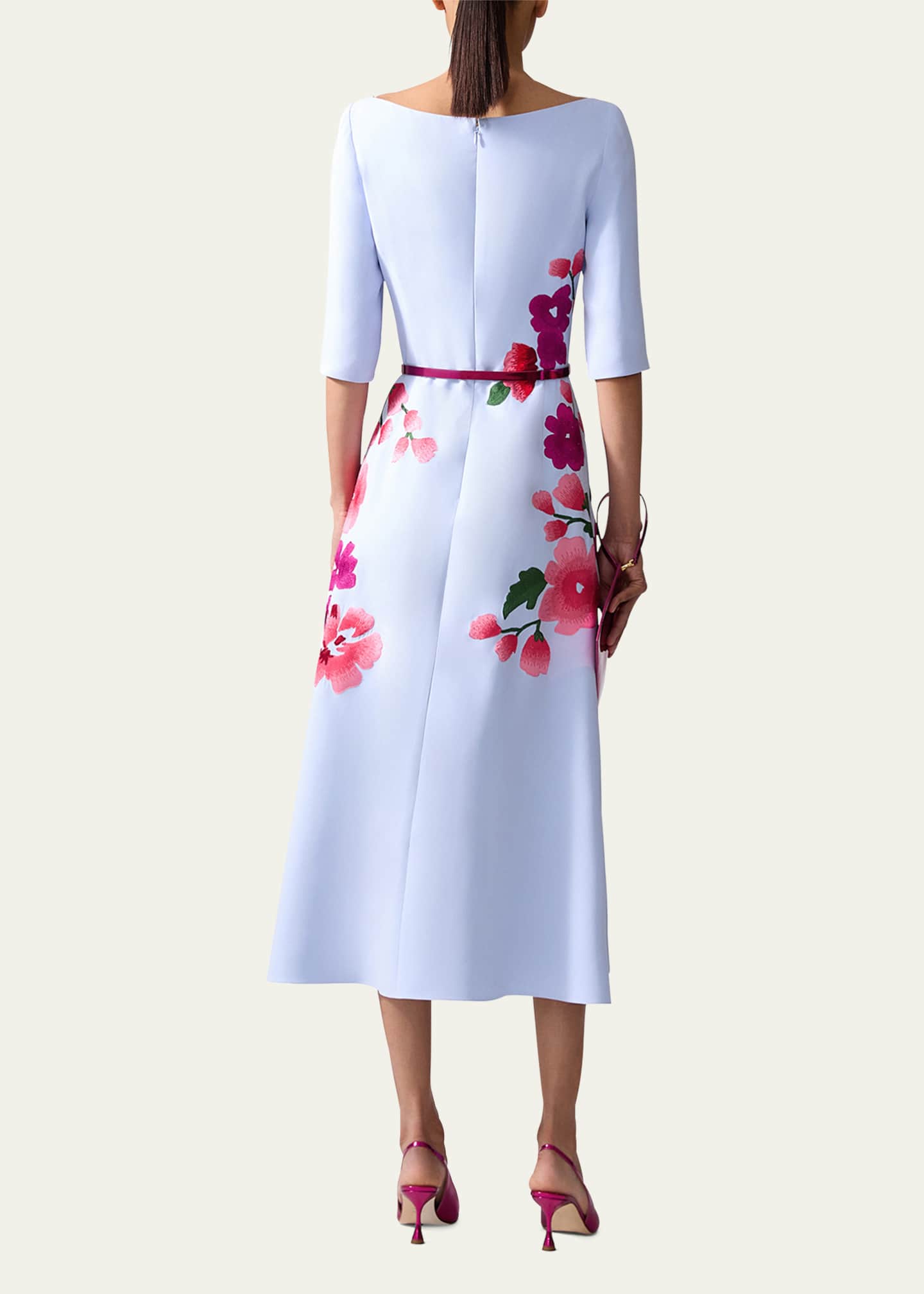 Carolina Herrera Floral Embroidered 3/4-Sleeve Midi Dress Image 3 of 4