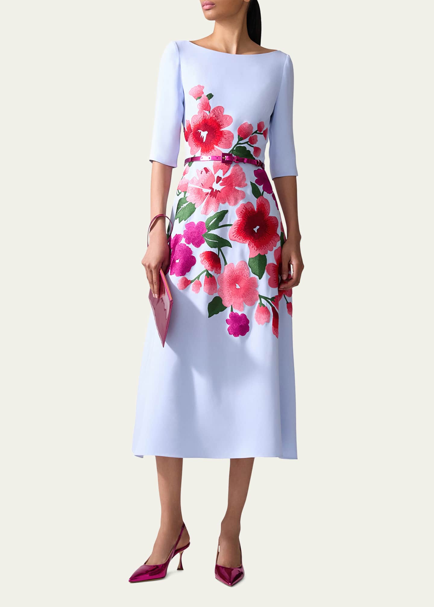 Carolina Herrera Floral Embroidered 3/4-Sleeve Midi Dress Image 4 of 4