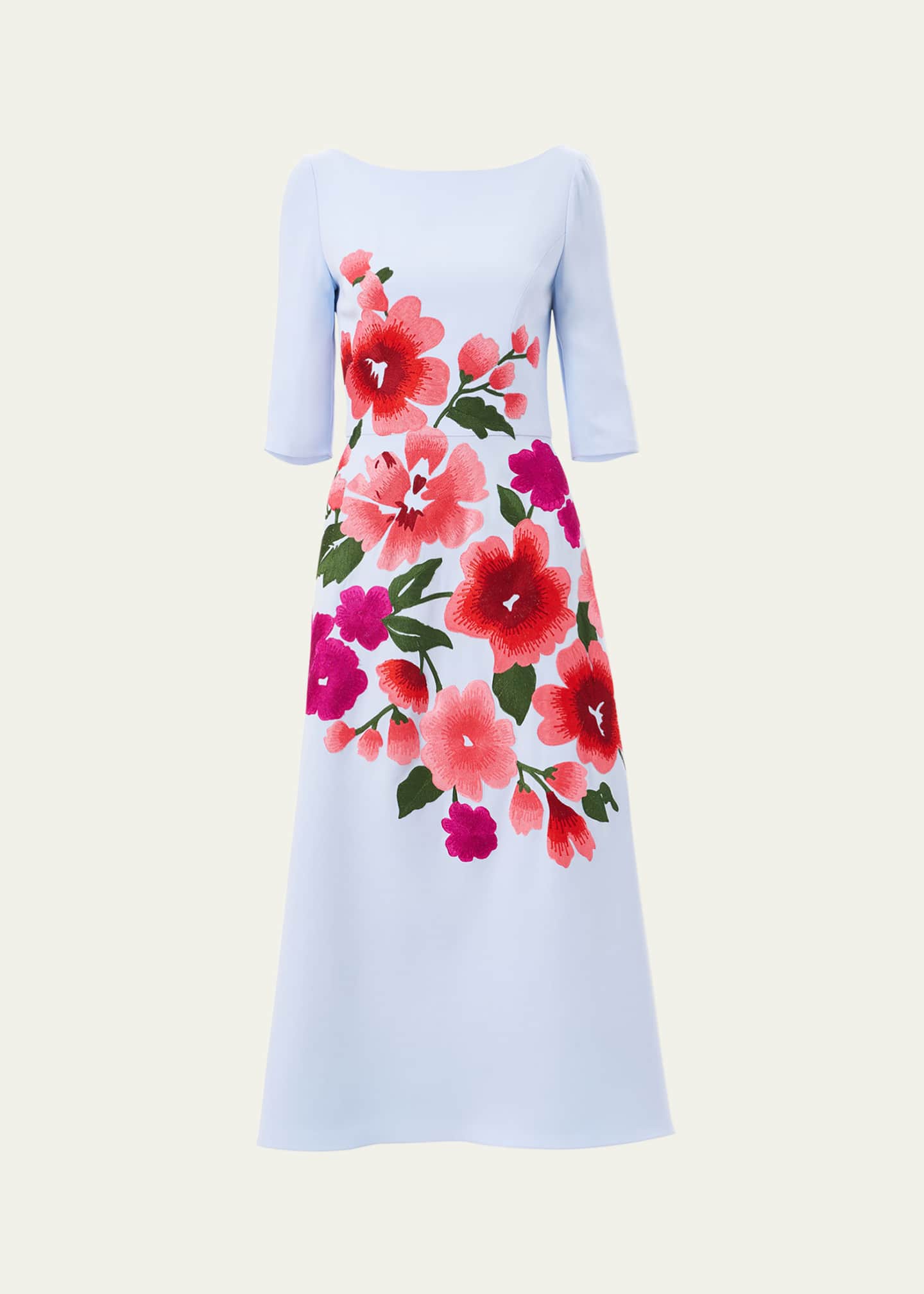 Carolina Herrera Floral Embroidered 3/4-Sleeve Midi Dress Image 1 of 4