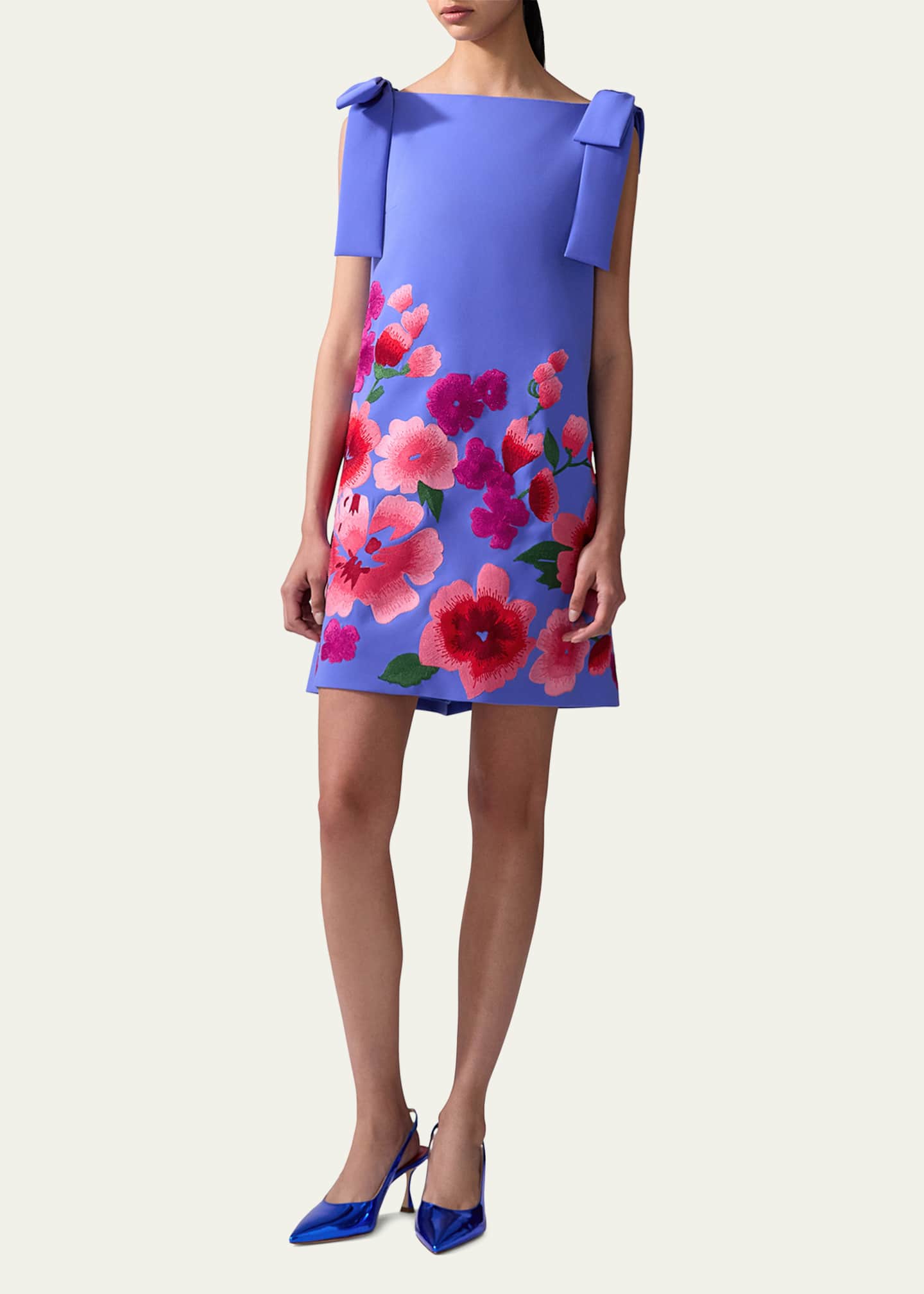 Carolina Herrera Floral-Embroidered Bow Sleeveless Mini Shift Dress Image 2 of 3