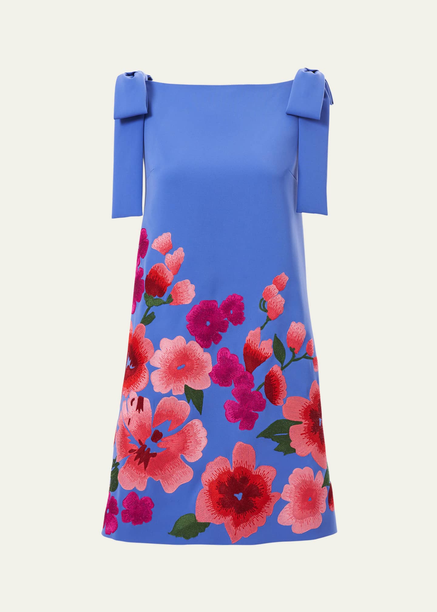 Carolina Herrera Floral-Embroidered Bow Sleeveless Mini Shift Dress Image 1 of 3