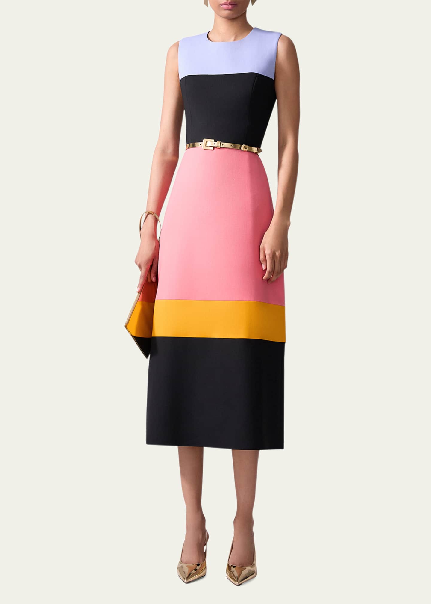 Carolina Herrera Colorblock Sleeveless A-Line Midi Dress Image 2 of 4