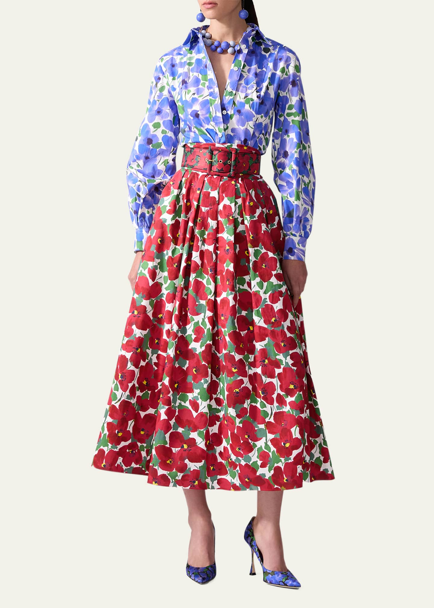 Carolina Herrera Floral Pleated Cummerbund Midi Skirt Image 2 of 3