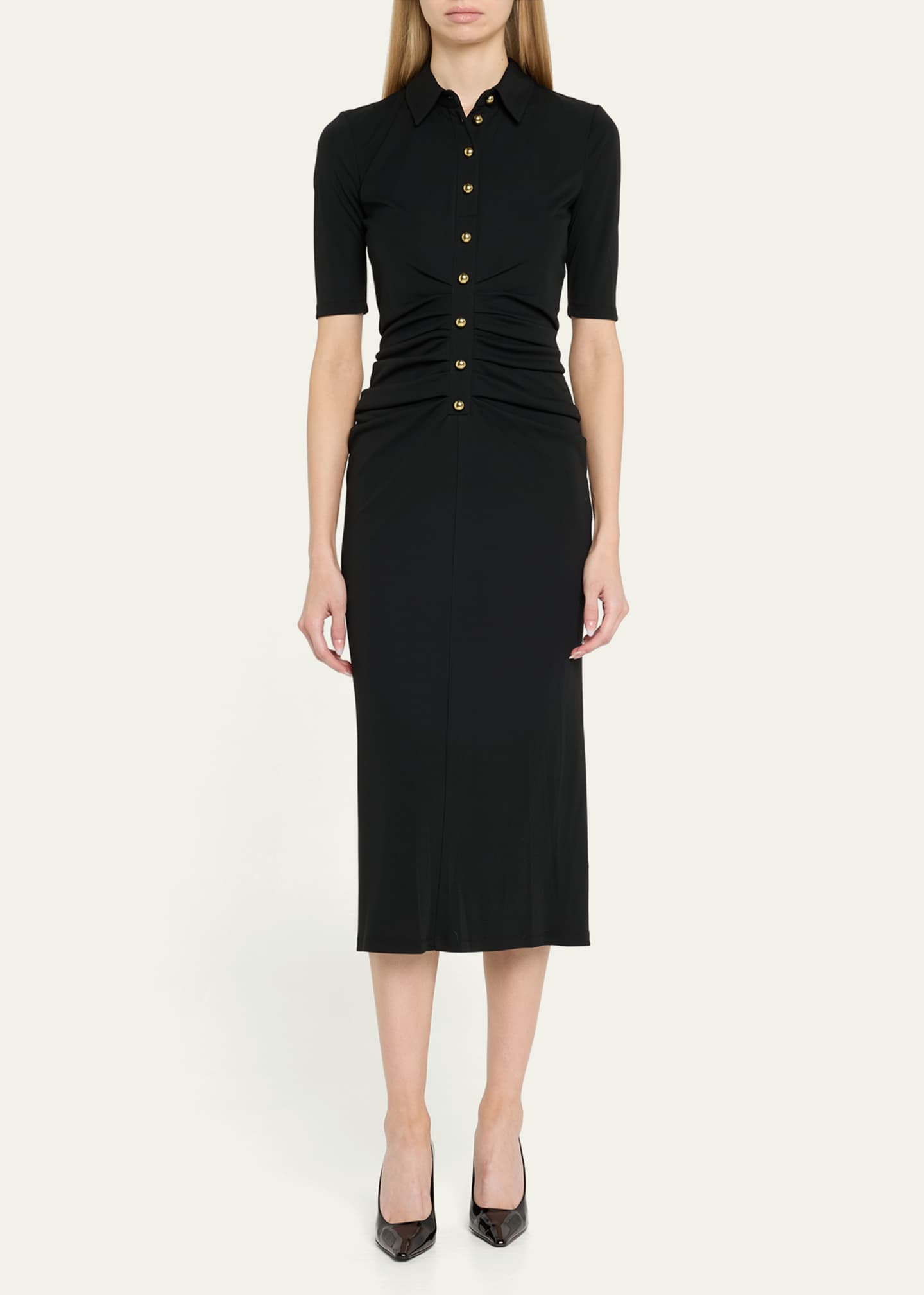 Carolina Herrera Ruched Button-Front Midi Polo Dress Image 2 of 5