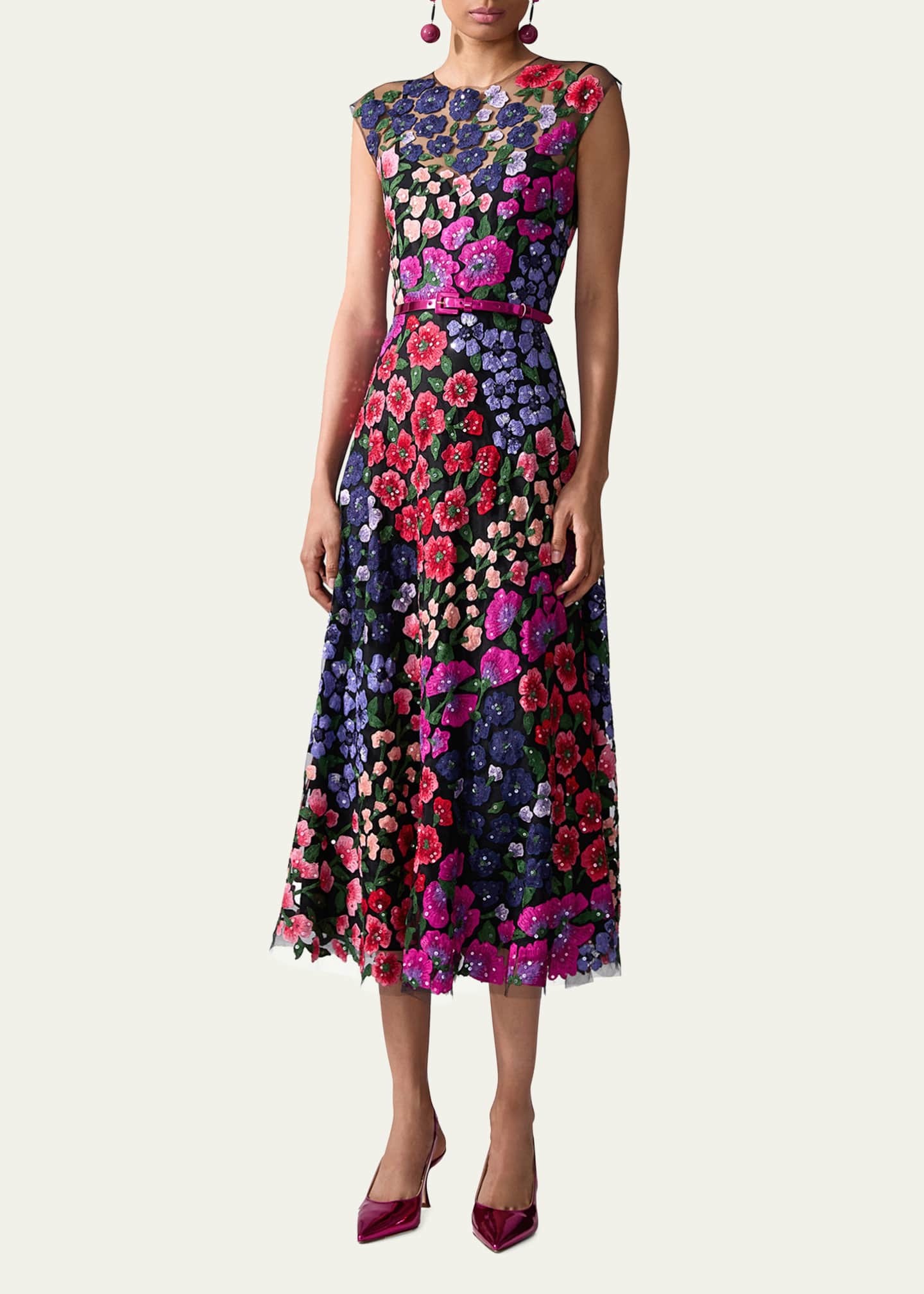 Carolina Herrera Floral Embroidered Cap Sleeve Midi Dress Image 2 of 3
