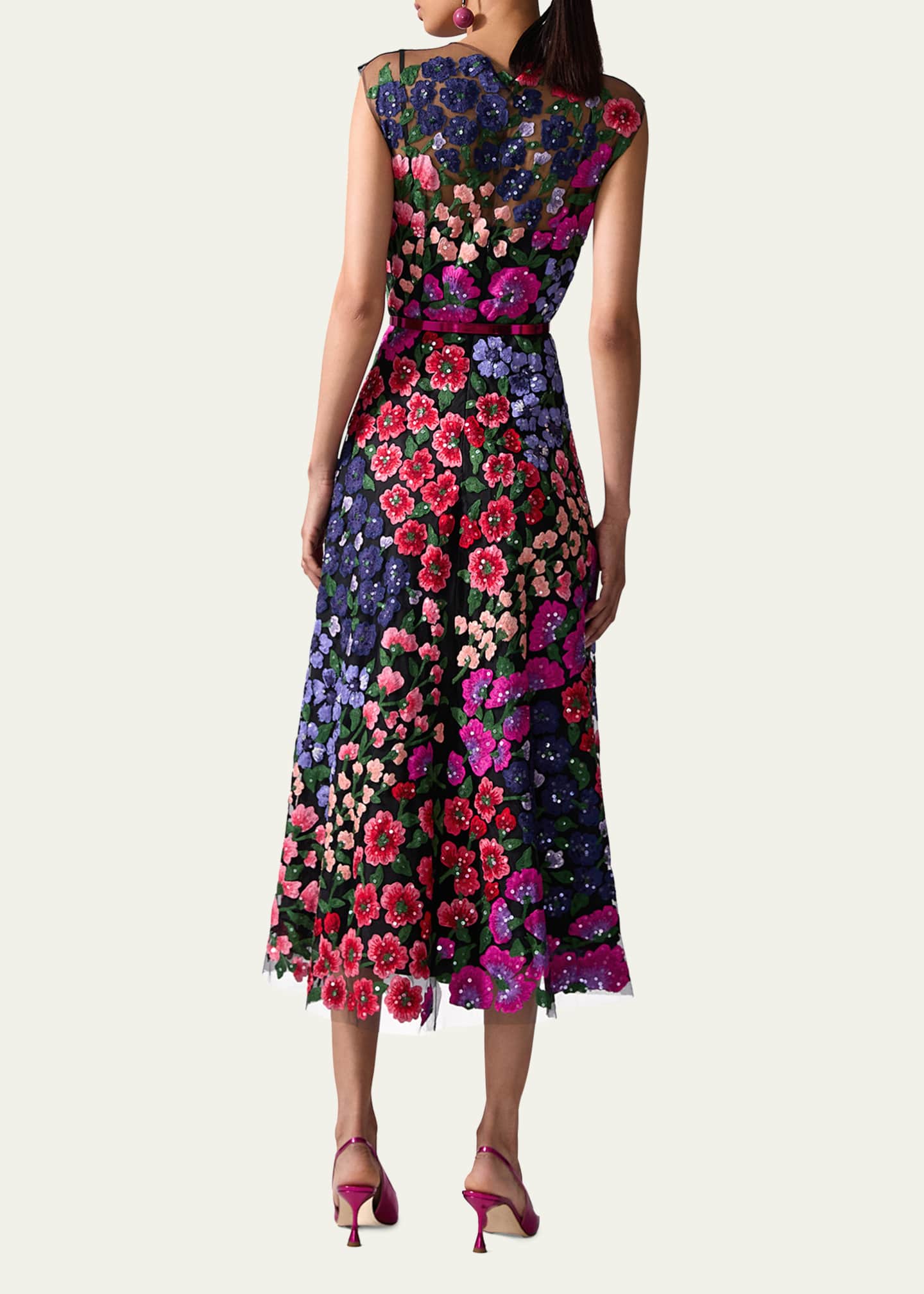 Carolina Herrera Floral Embroidered Cap Sleeve Midi Dress Image 3 of 3