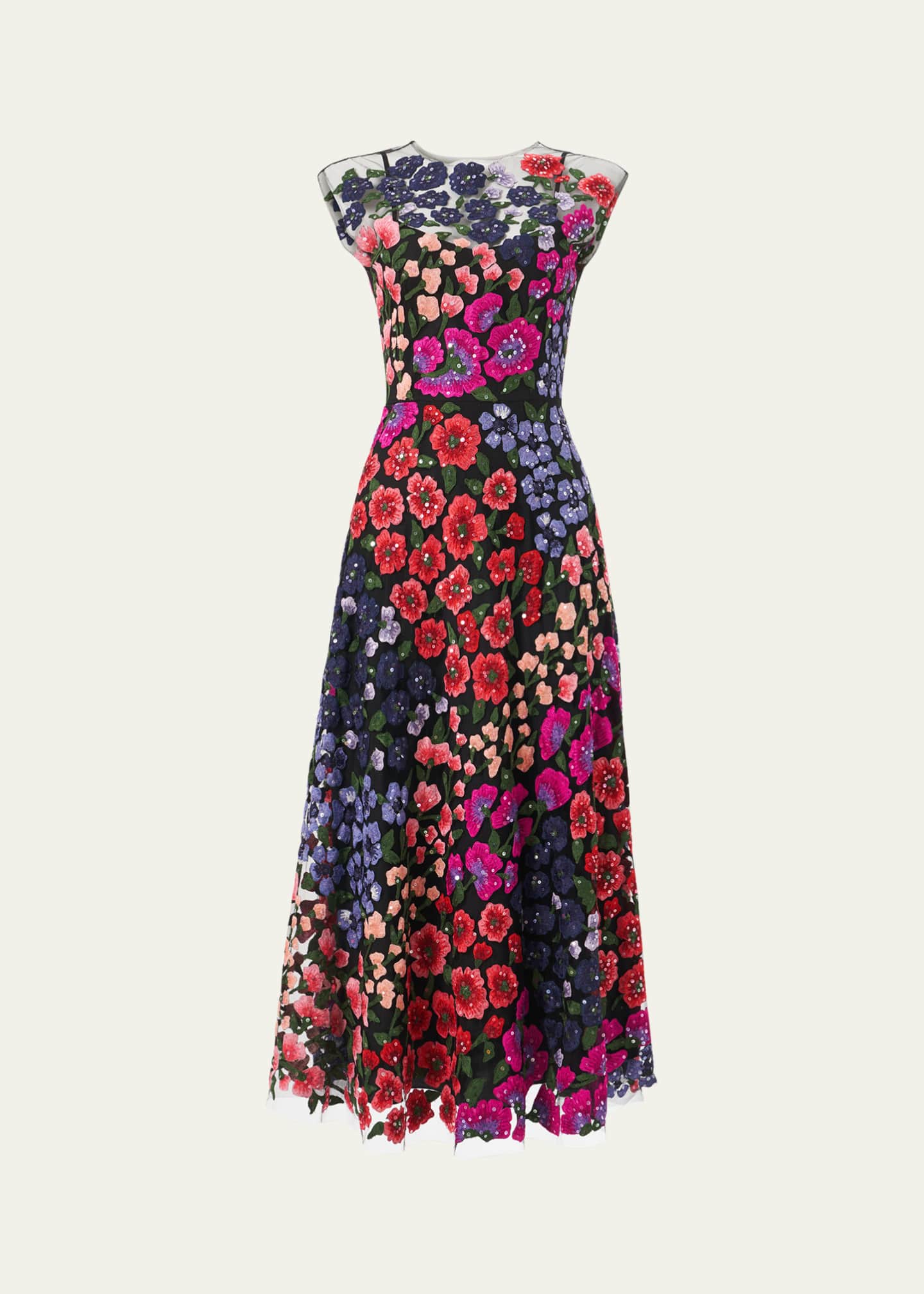Carolina Herrera Floral Embroidered Cap Sleeve Midi Dress Image 1 of 3
