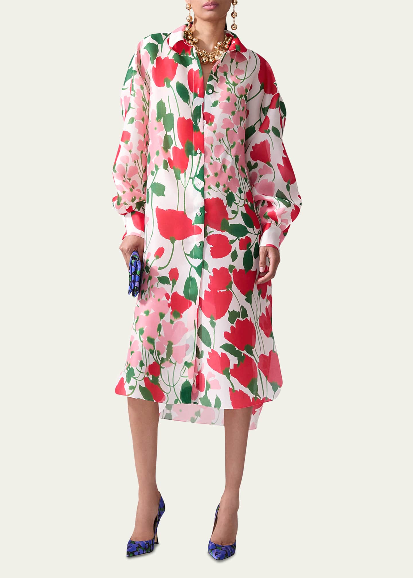 Carolina Herrera Rose Print Oversized Self-Belt Midi Shirt Dress Image 2 of 3