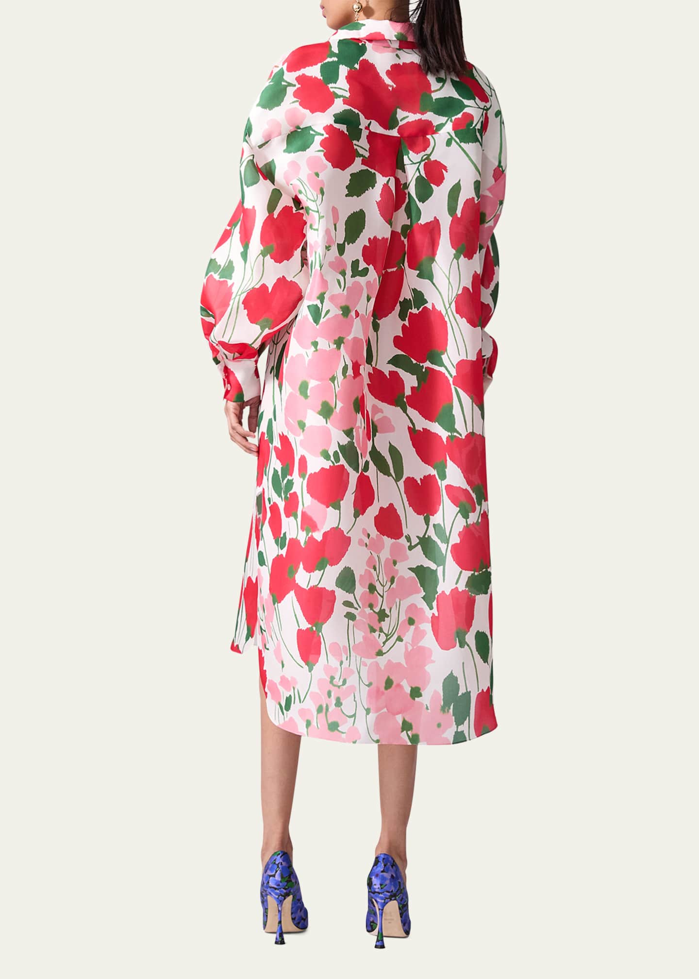 Carolina Herrera Rose Print Oversized Self-Belt Midi Shirt Dress Image 3 of 3