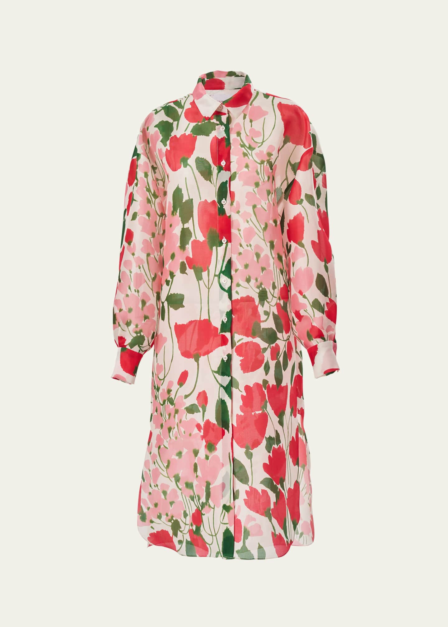 Carolina Herrera Rose Print Oversized Self-Belt Midi Shirt Dress Image 1 of 3