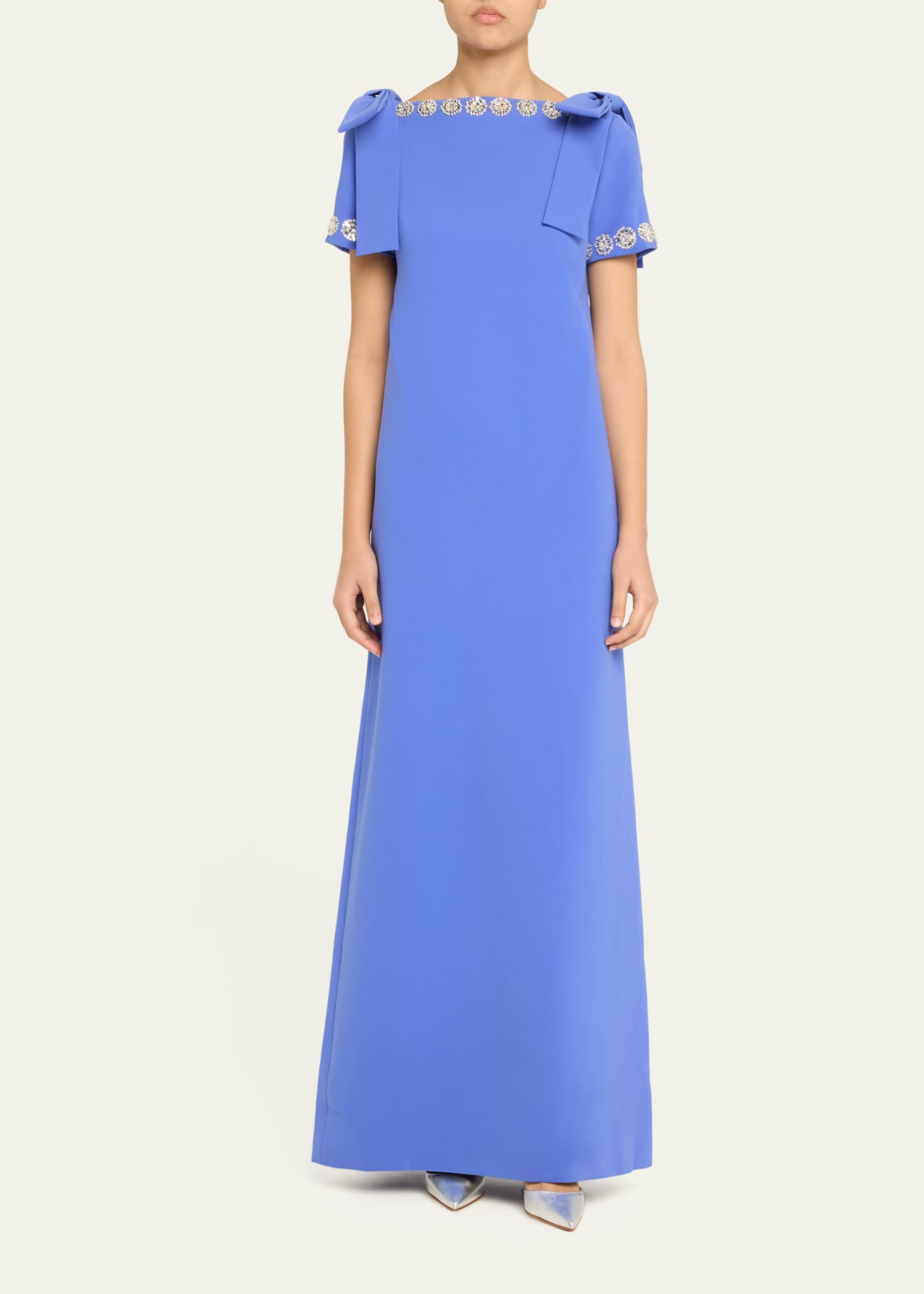 Carolina Herrera Crystal-Trim Boatneck Column Gown With Shoulder Bows Image 2 of 5