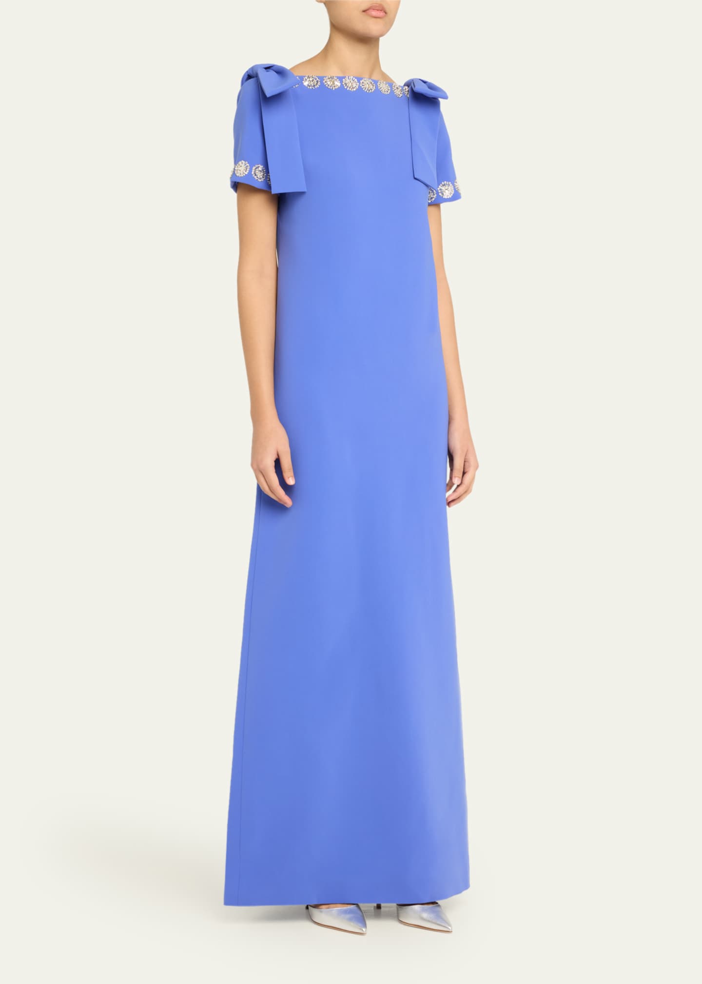 Carolina Herrera Crystal-Trim Boatneck Column Gown With Shoulder Bows Image 4 of 5