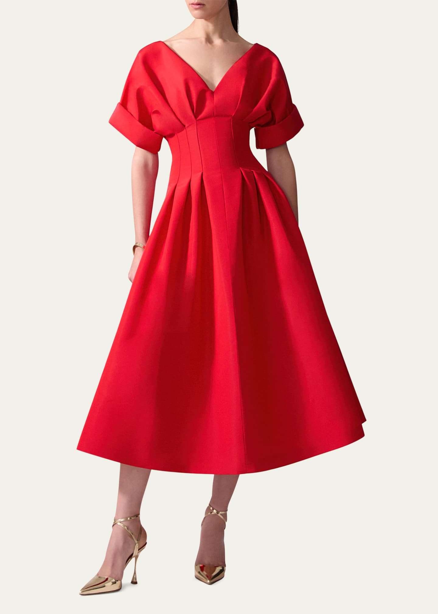 Carolina Herrera Pleated V-Neck Midi Fit-Flare Dress Image 2 of 3