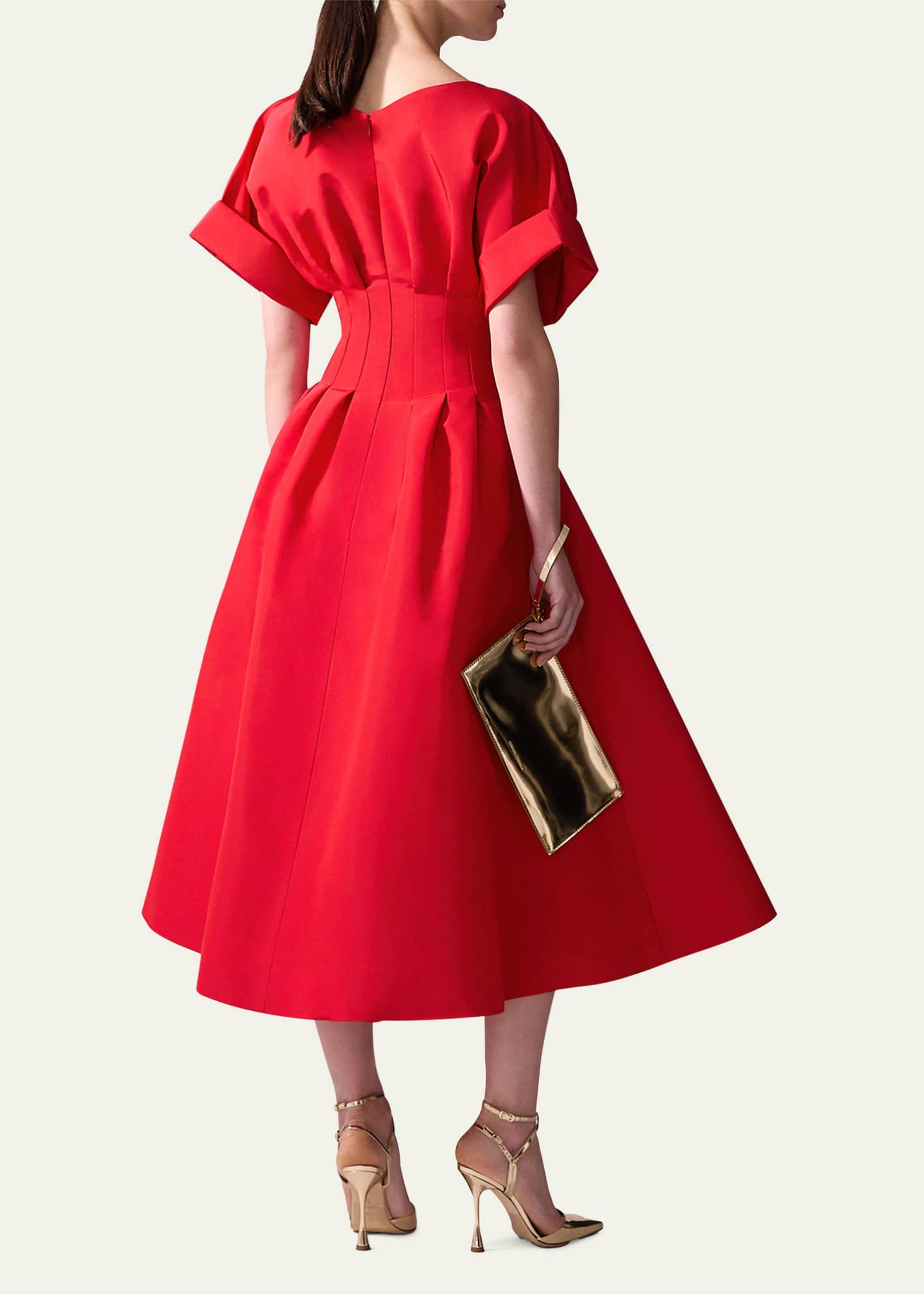Carolina Herrera Pleated V-Neck Midi Fit-Flare Dress Image 3 of 3