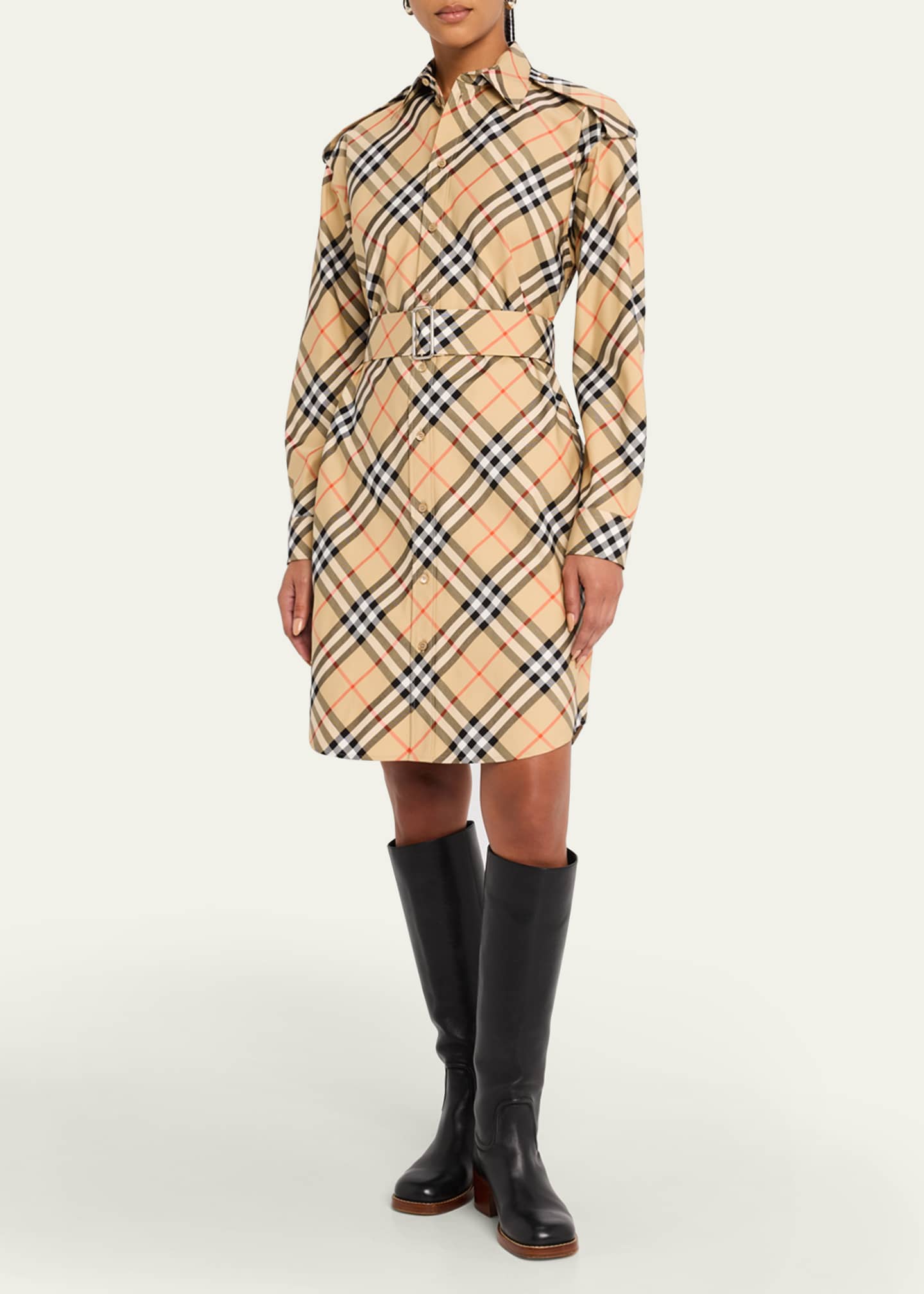 Burberry Check Belted Long-Sleeve Shirtdress Image 2 of 5