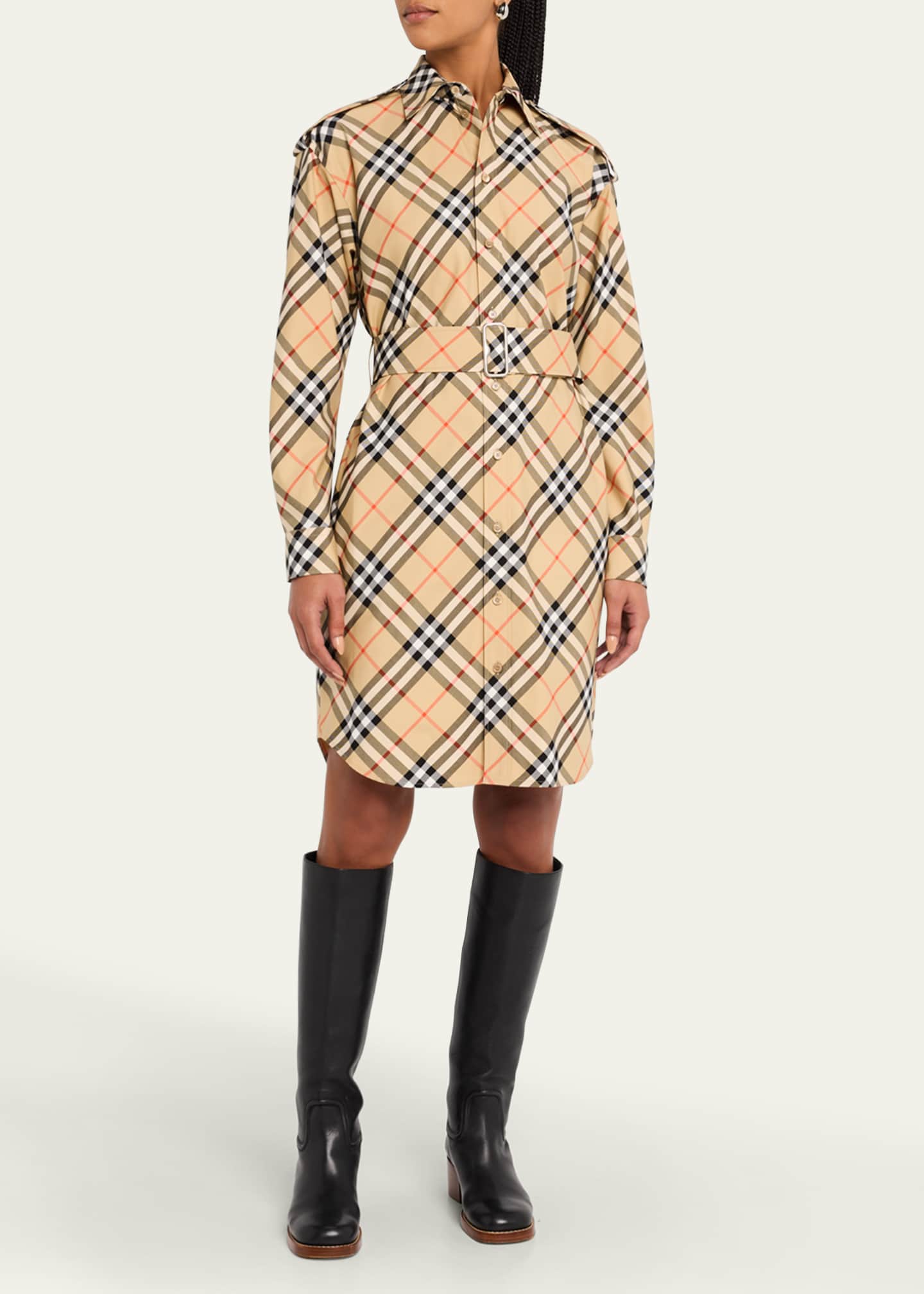 Burberry Check Belted Long-Sleeve Shirtdress Image 4 of 5