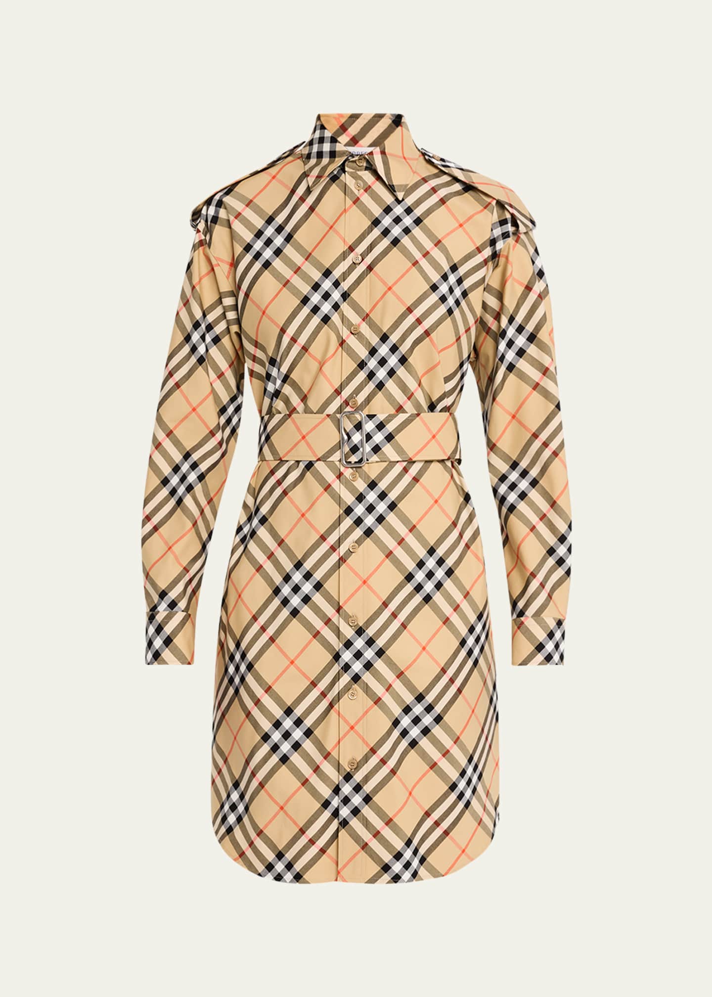 Burberry Check Belted Long-Sleeve Shirtdress Image 1 of 5
