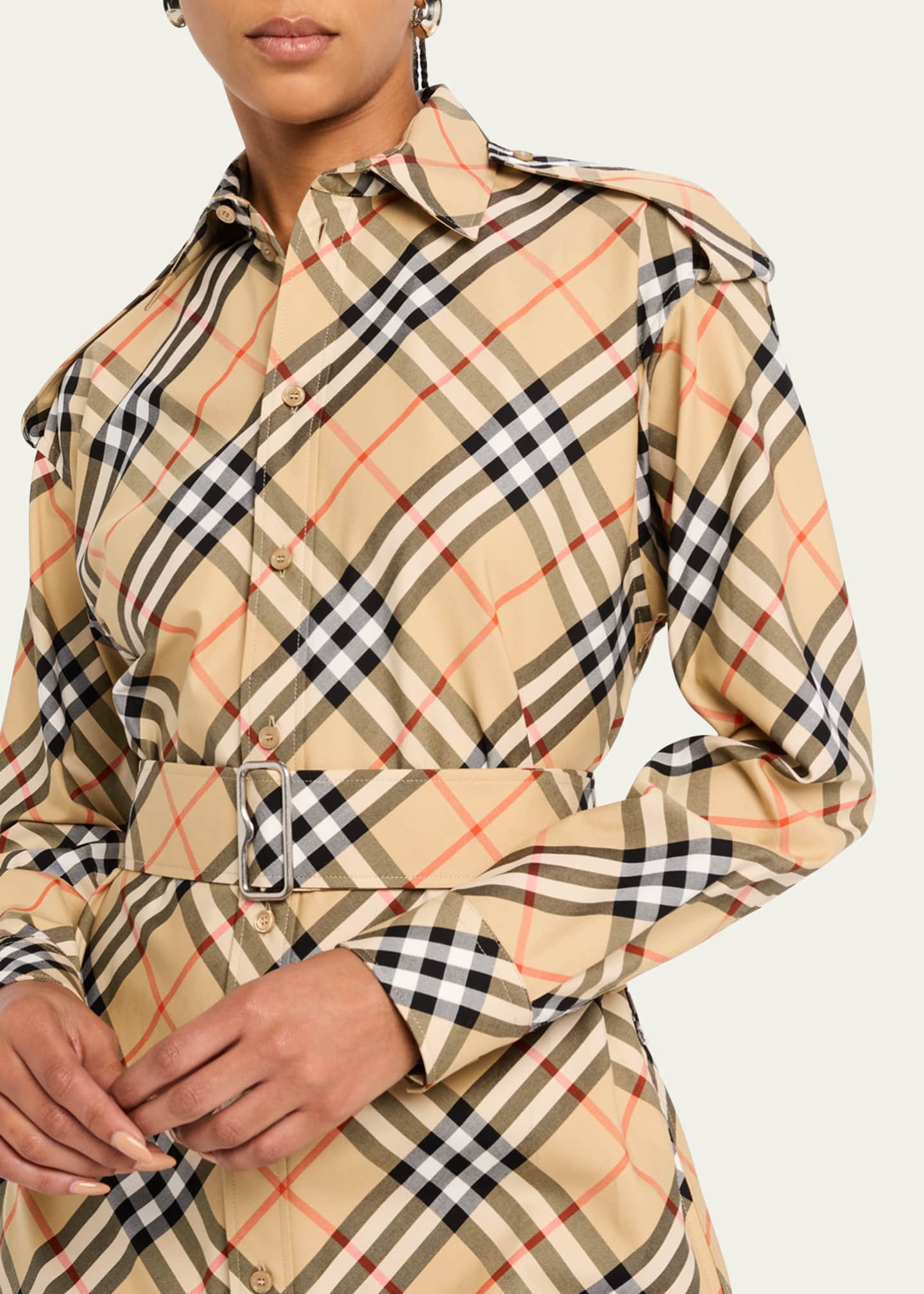 Burberry Check Belted Long-Sleeve Shirtdress Image 5 of 5