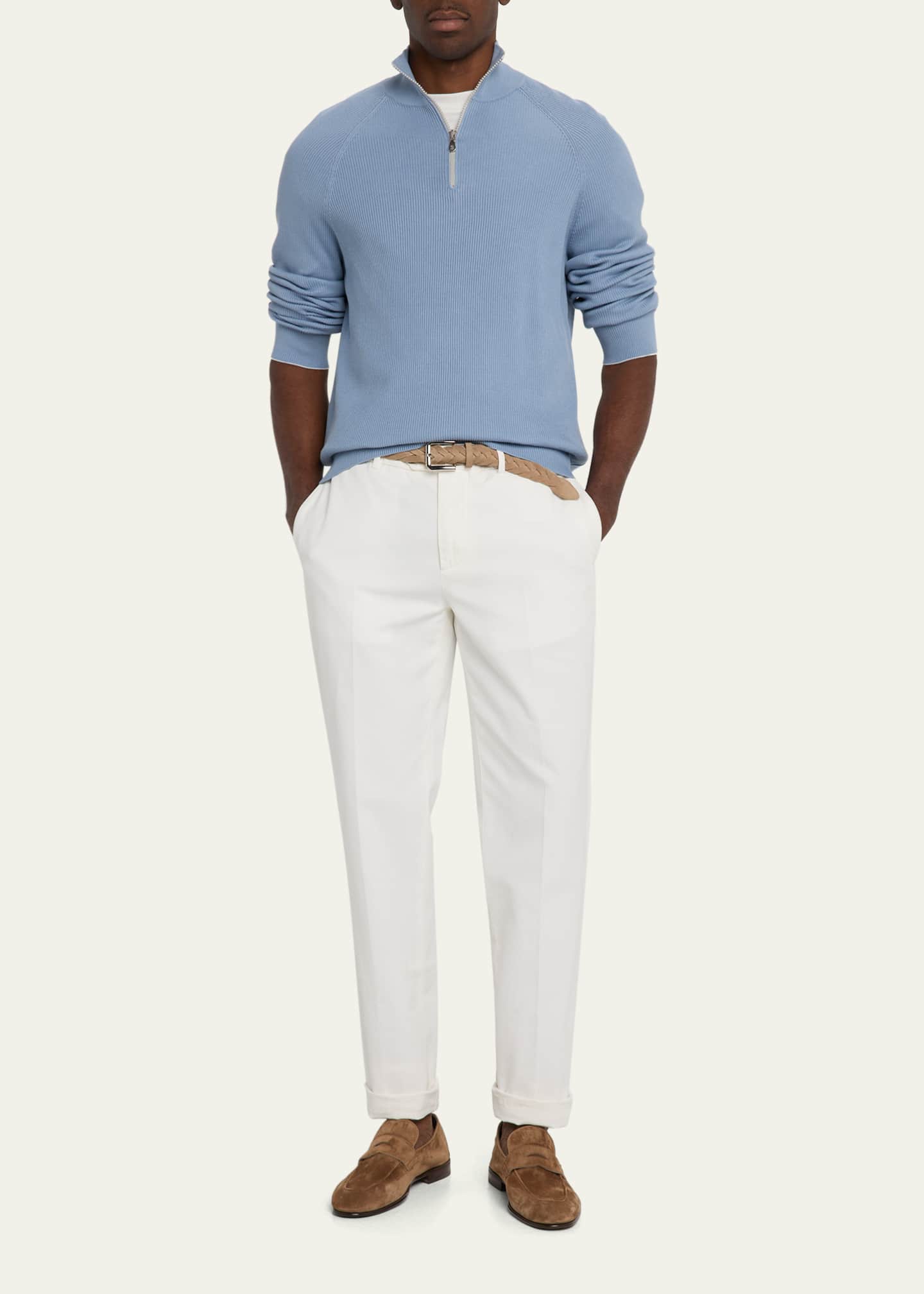 Brunello Cucinelli Men's Cotton Rib Half-Zip Sweater Image 2 of 5