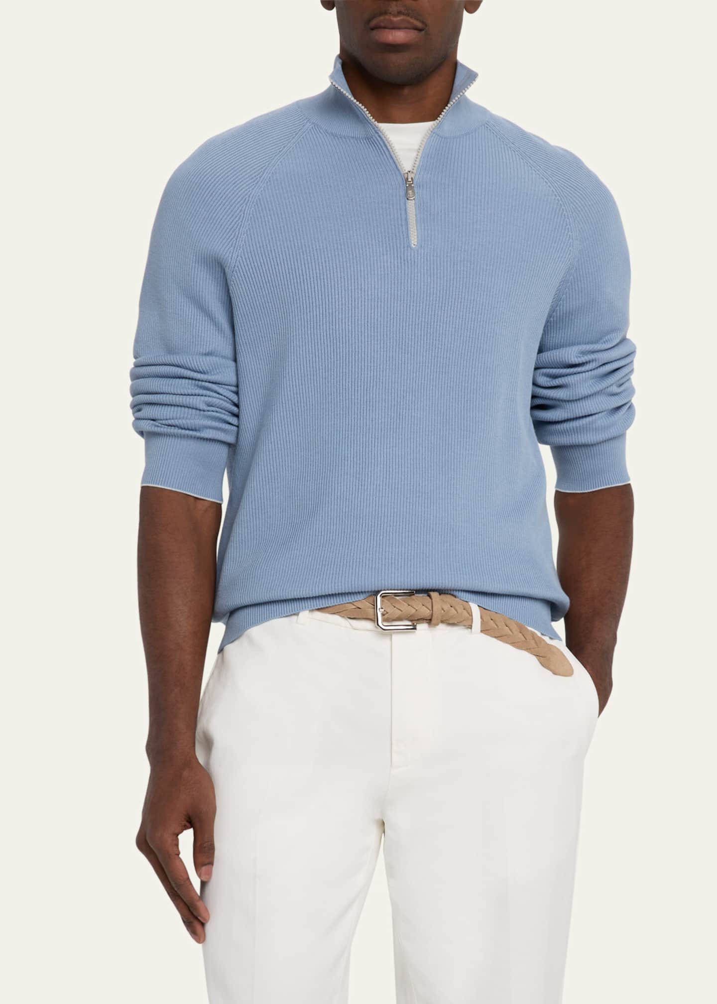 Brunello Cucinelli Men's Cotton Rib Half-Zip Sweater Image 4 of 5