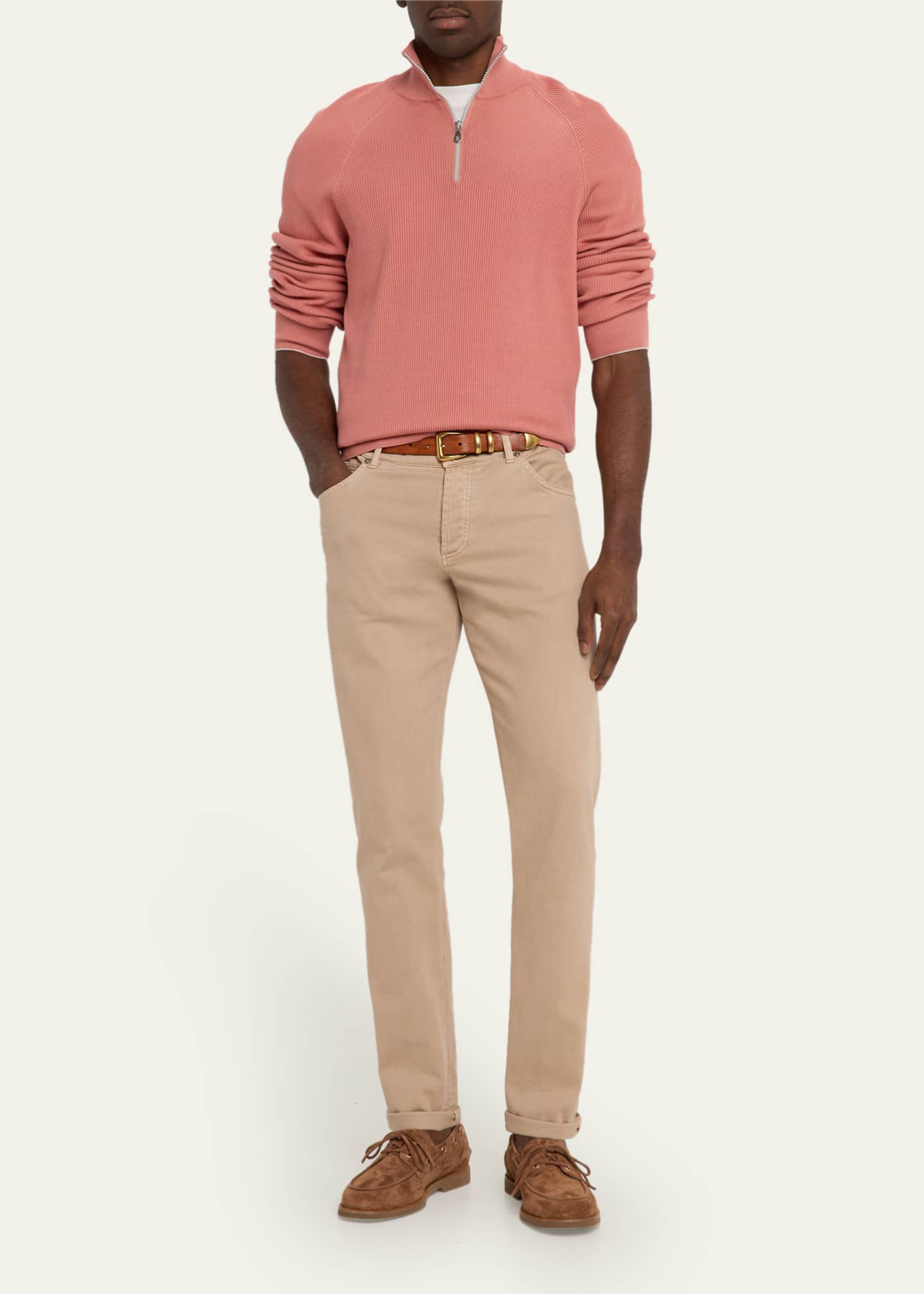 Brunello Cucinelli Men's Cotton Rib Half-Zip Sweater Image 2 of 5