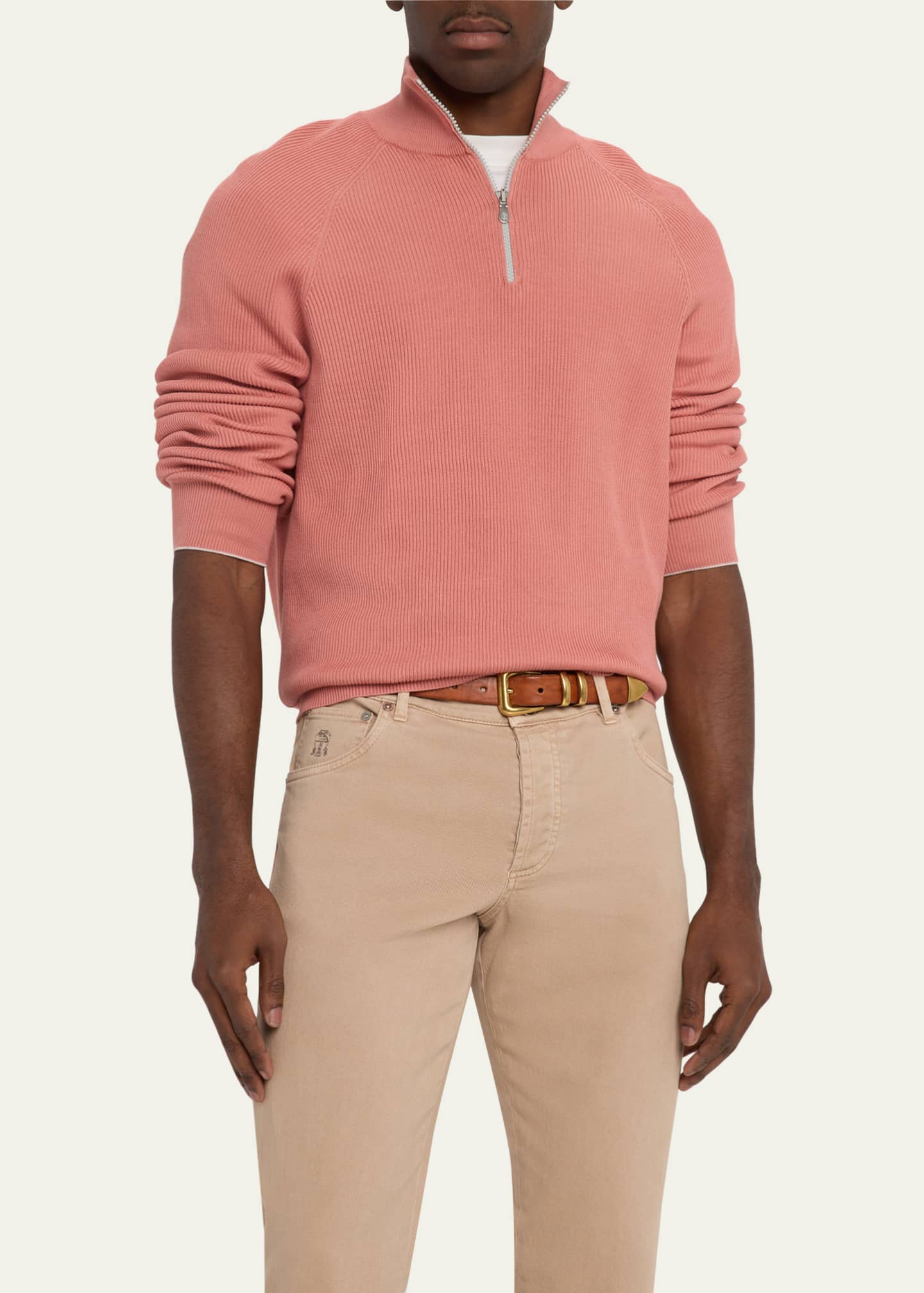 Brunello Cucinelli Men's Cotton Rib Half-Zip Sweater Image 4 of 5