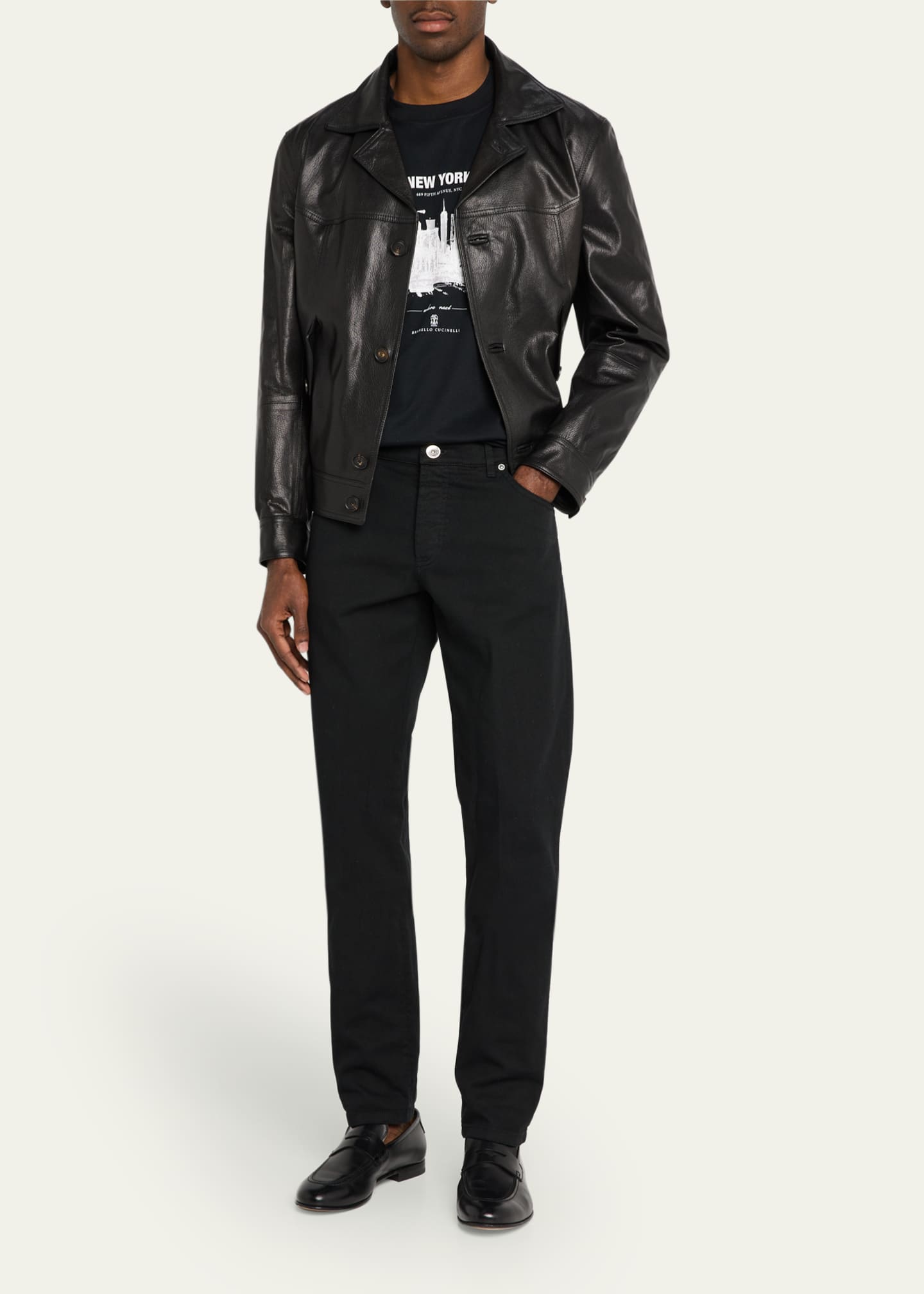 Brunello Cucinelli Men's Soft Goat Leather Button-Front Jacket Image 2 of 5