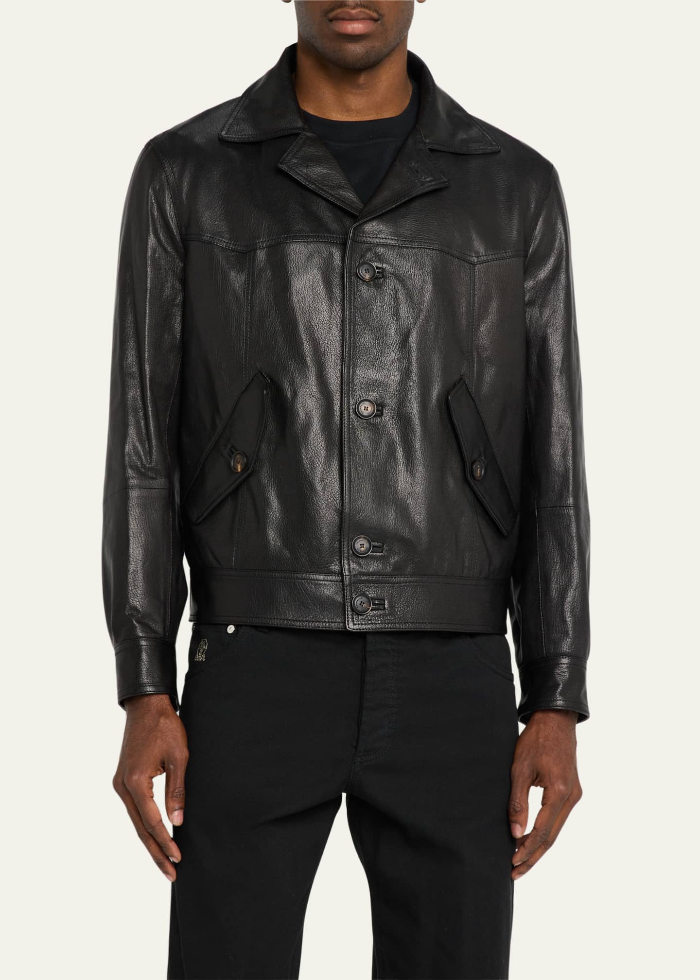 Brunello Cucinelli Men's Soft Goat Leather Button-Front Jacket Image 4 of 5