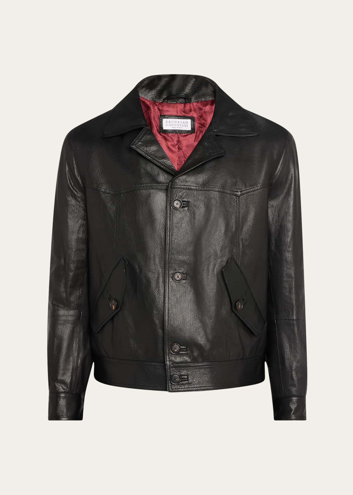 Brunello Cucinelli Men's Soft Goat Leather Button-Front Jacket Image 1 of 5
