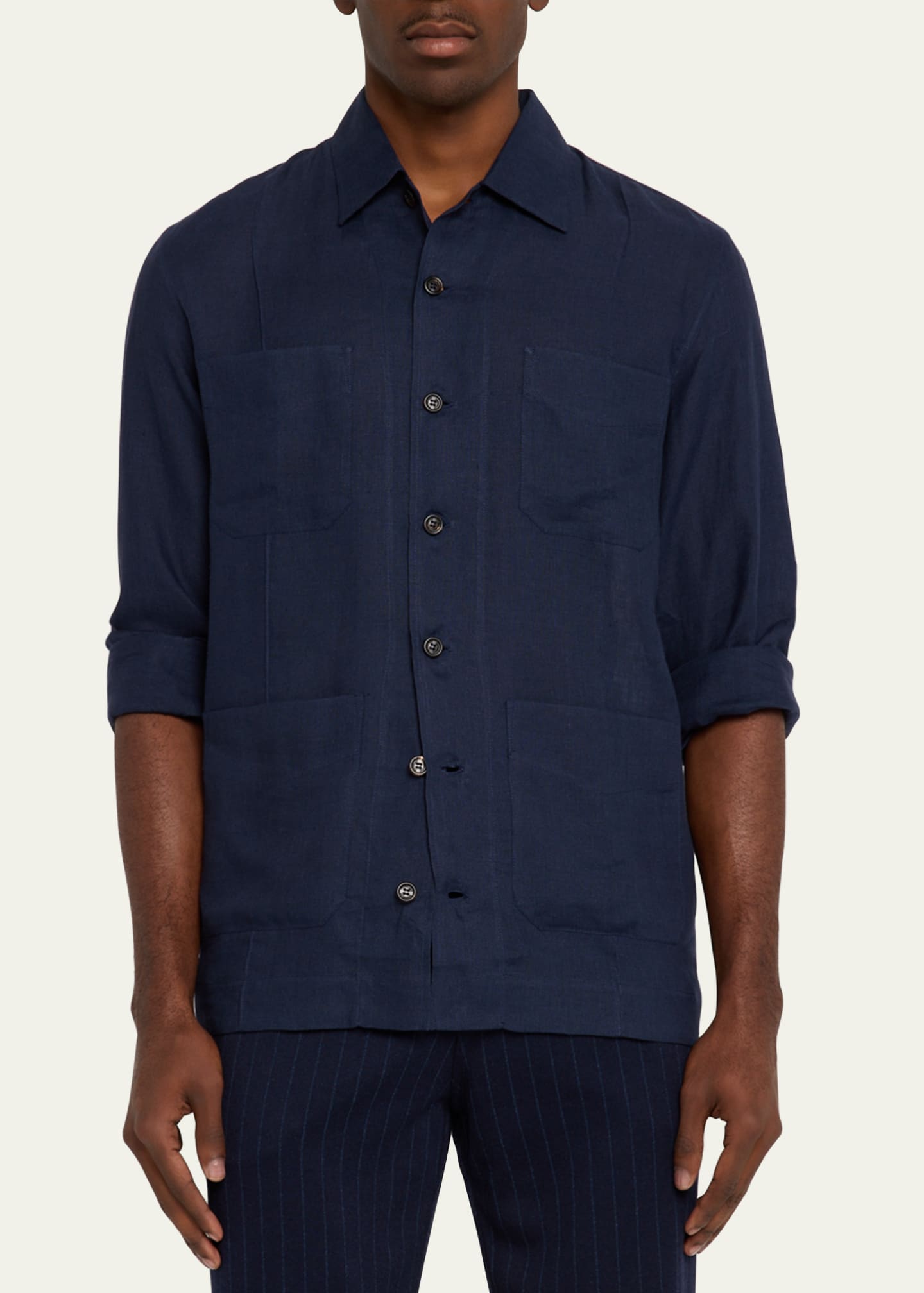 Brunello Cucinelli Men's Linen Four-Pocket Casual Button-Down Shirt Image 4 of 5