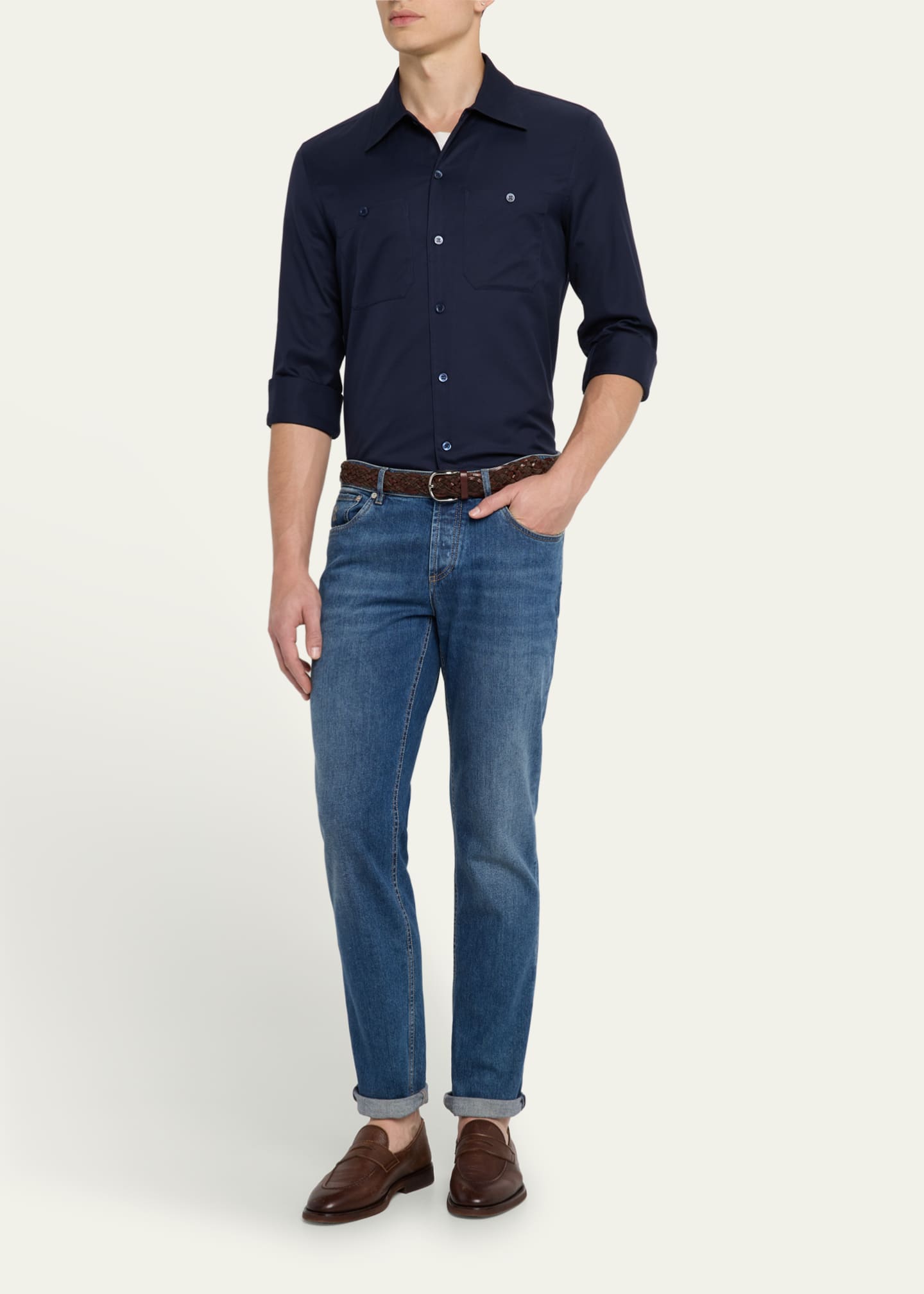 Brunello Cucinelli Men's Twill Two-Pocket Casual Button-Down Shirt Image 2 of 5